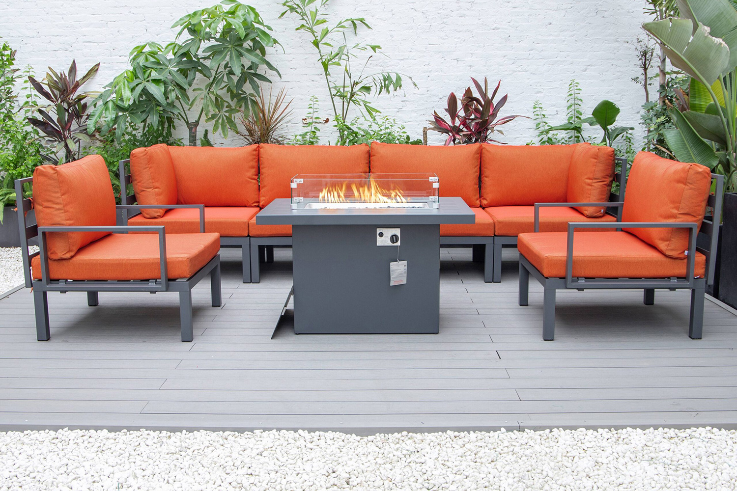 LeisureMod Hamilton 7-Piece Aluminum Patio Conversation Set with Fire Pit Table and Cushions - Orange