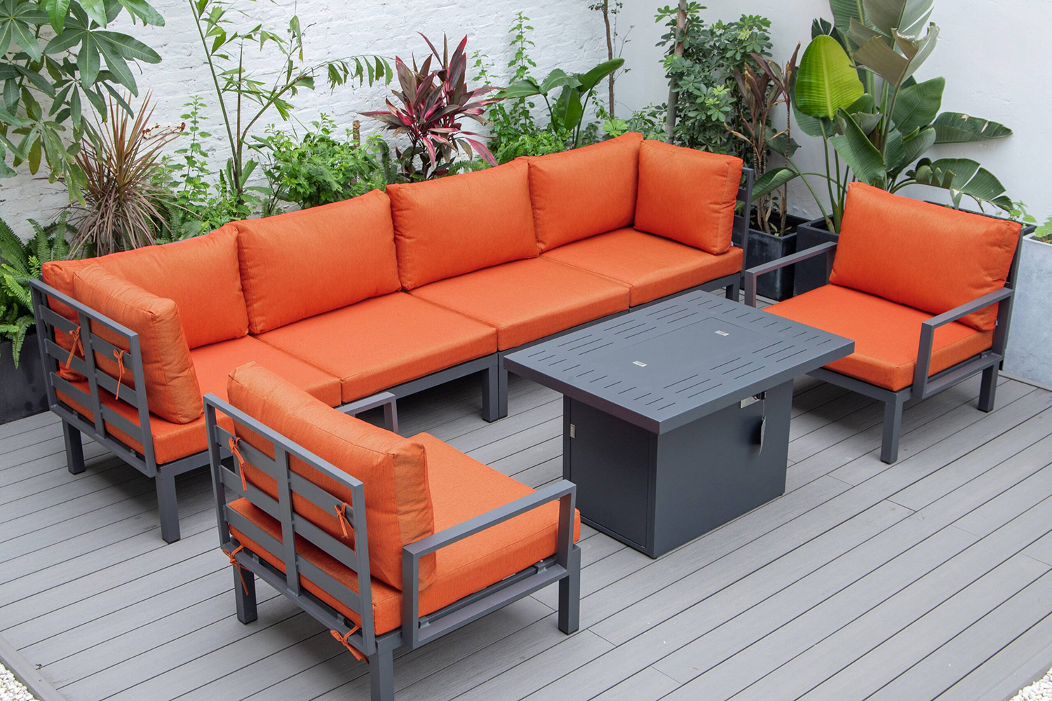 LeisureMod Hamilton 7-Piece Aluminum Patio Conversation Set with Fire Pit Table and Cushions - Orange