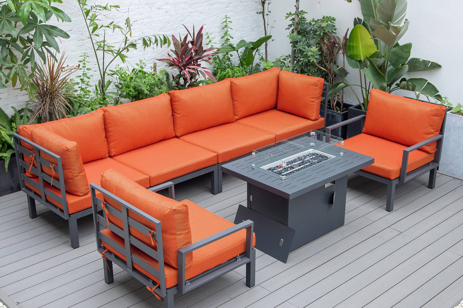 LeisureMod Hamilton 7-Piece Aluminum Patio Conversation Set with Fire Pit Table and Cushions - Orange