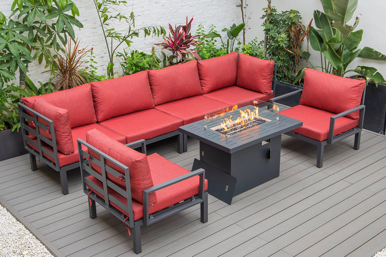 LeisureMod Hamilton 7-Piece Aluminum Patio Conversation Set with Fire Pit Table and Cushions - Red