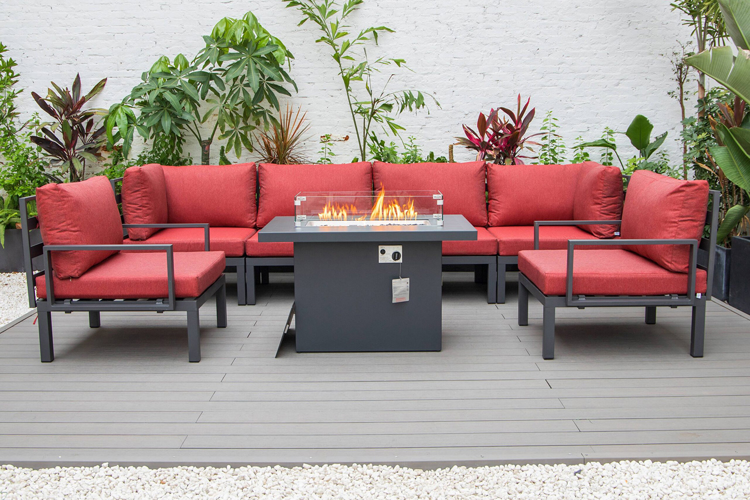 LeisureMod Hamilton 7-Piece Aluminum Patio Conversation Set with Fire Pit Table and Cushions - Red