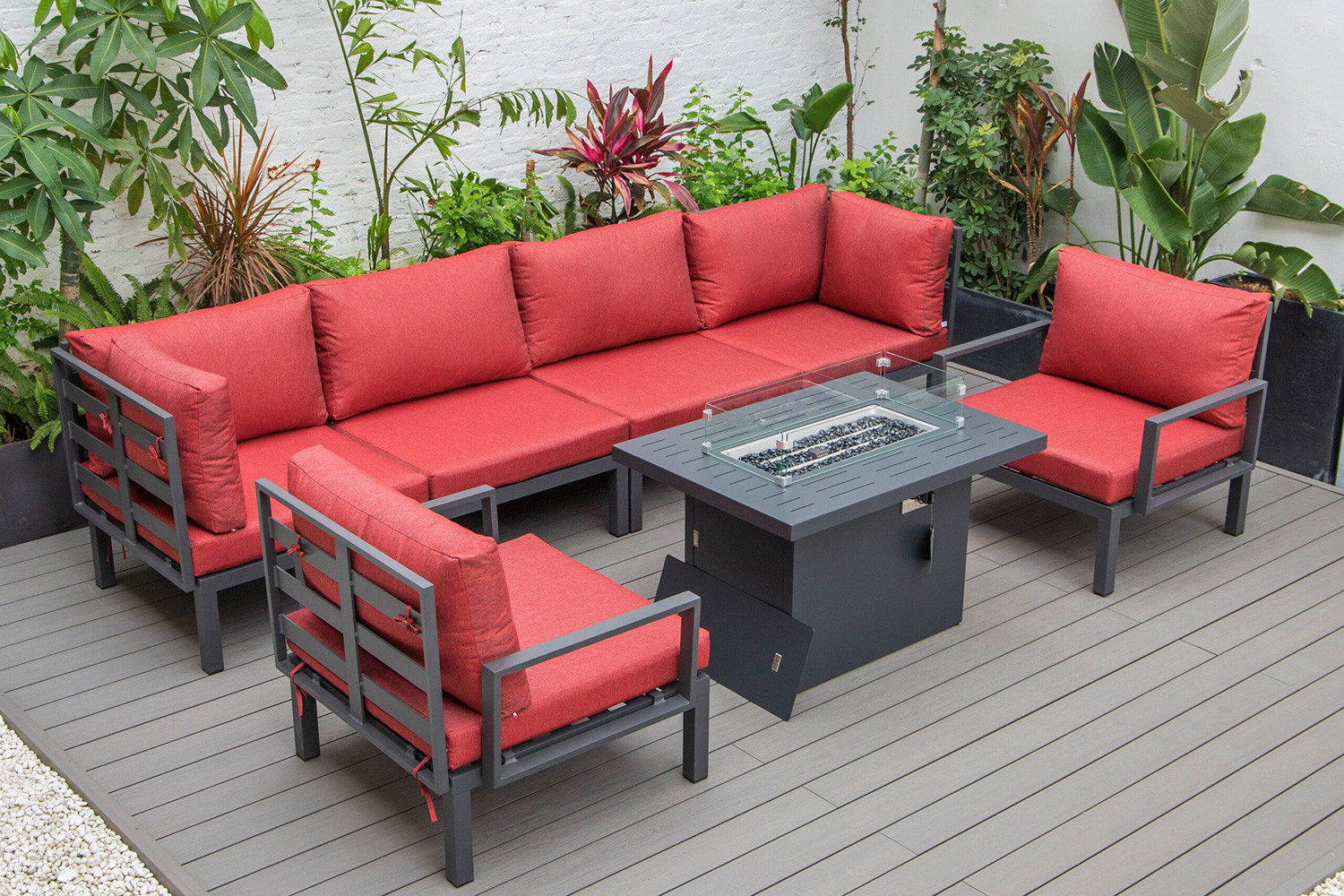 LeisureMod Hamilton 7-Piece Aluminum Patio Conversation Set with Fire Pit Table and Cushions - Red