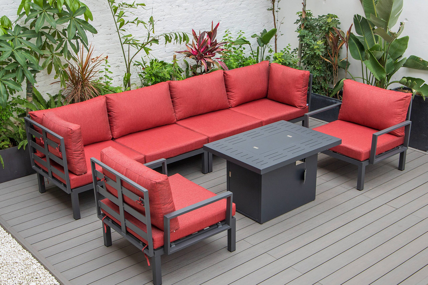 LeisureMod Hamilton 7-Piece Aluminum Patio Conversation Set with Fire Pit Table and Cushions - Red