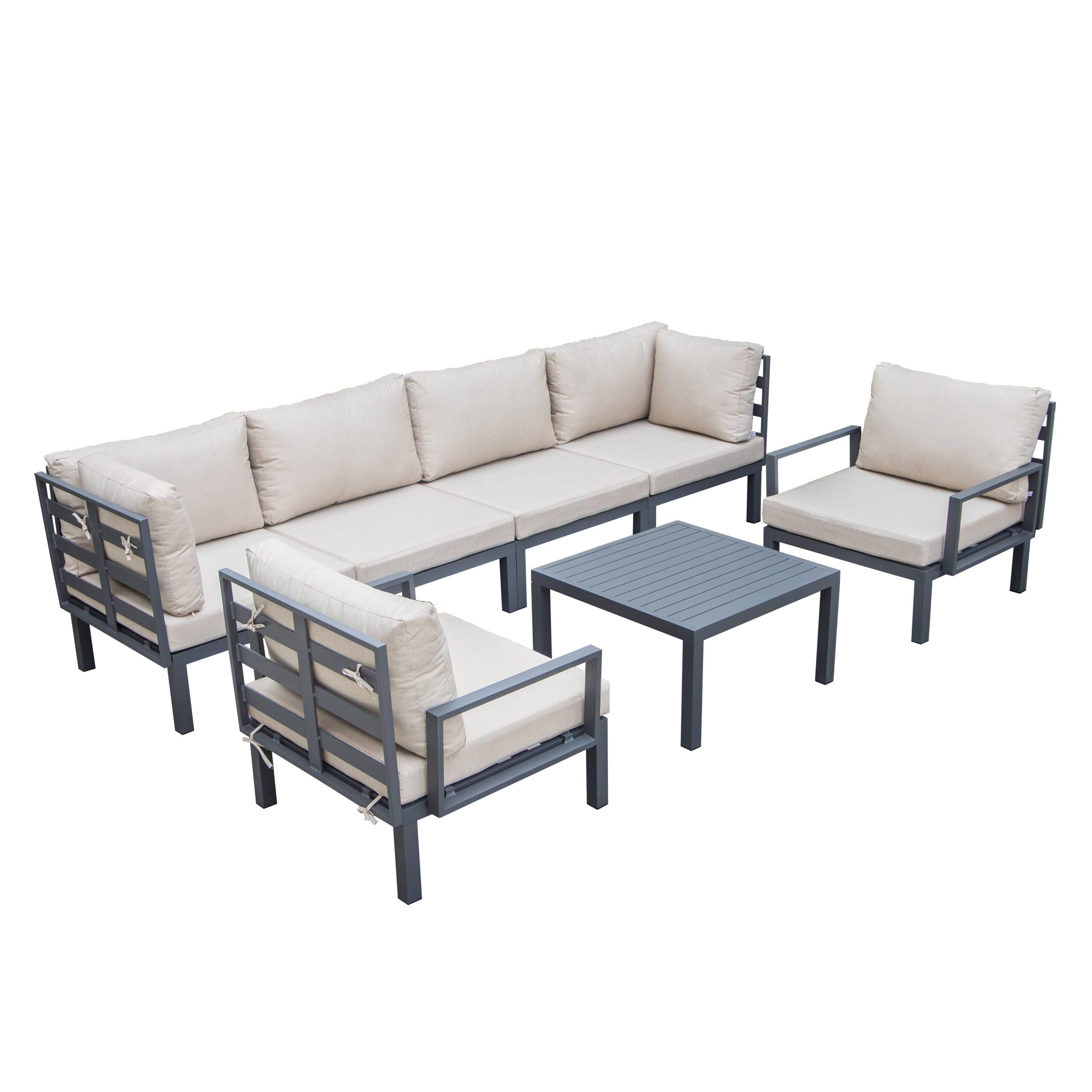 LeisureMod Hamilton 7-Piece Aluminum Patio Conversation Set with Coffee Table And Cushions