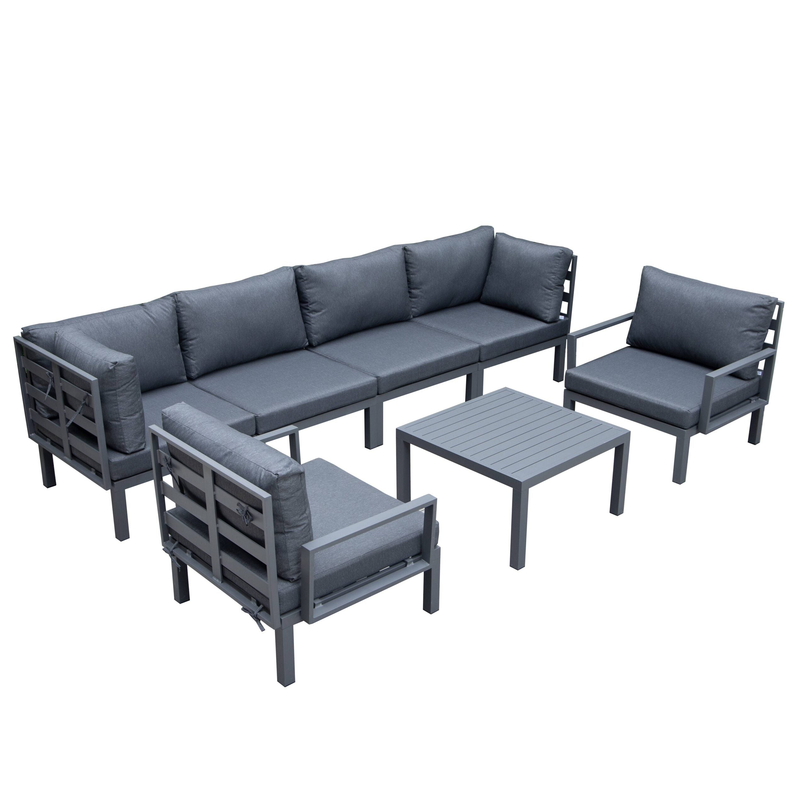 LeisureMod Hamilton 7-Piece Aluminum Patio Conversation Set with Coffee Table And Cushions