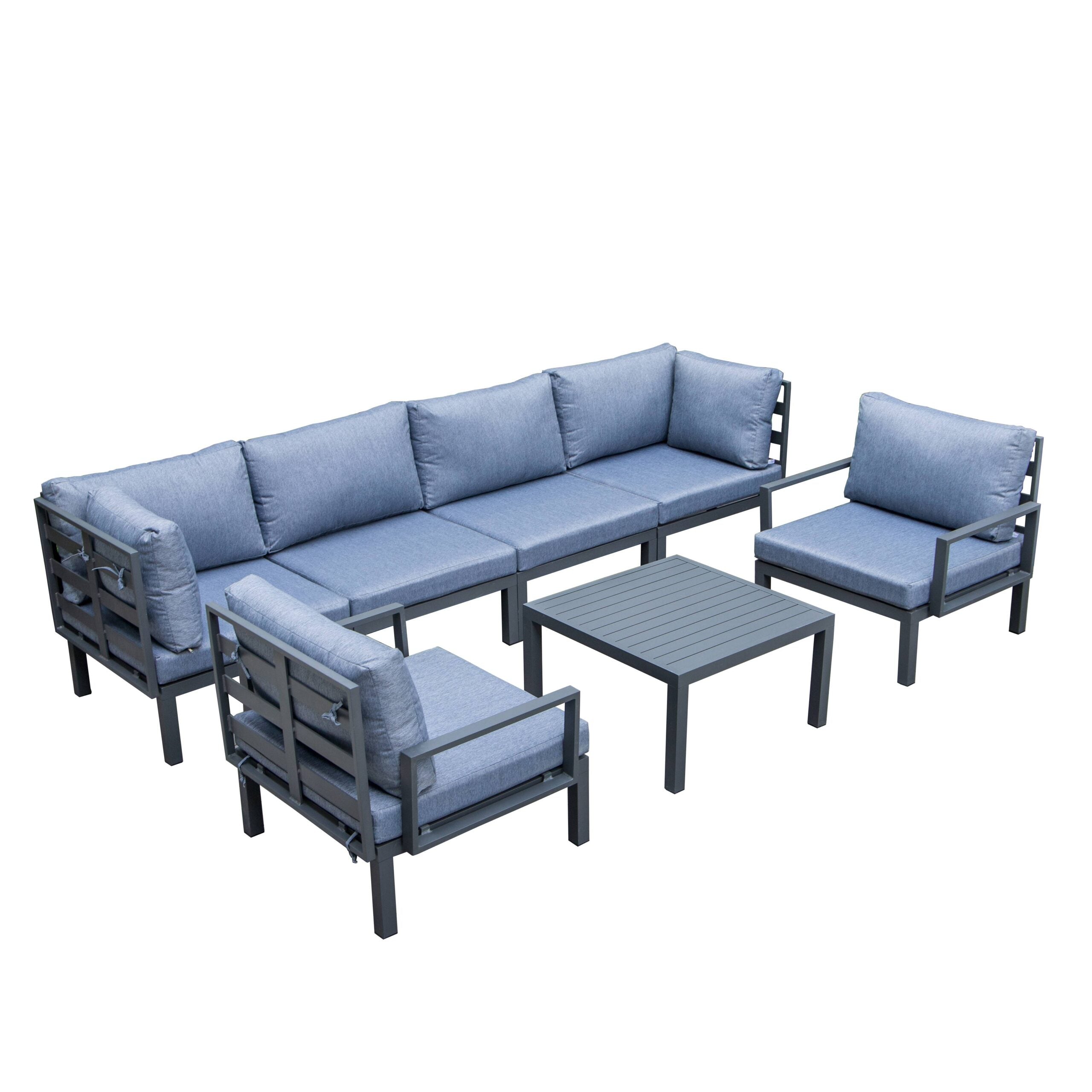 LeisureMod Hamilton 7-Piece Aluminum Patio Conversation Set with Coffee Table And Cushions