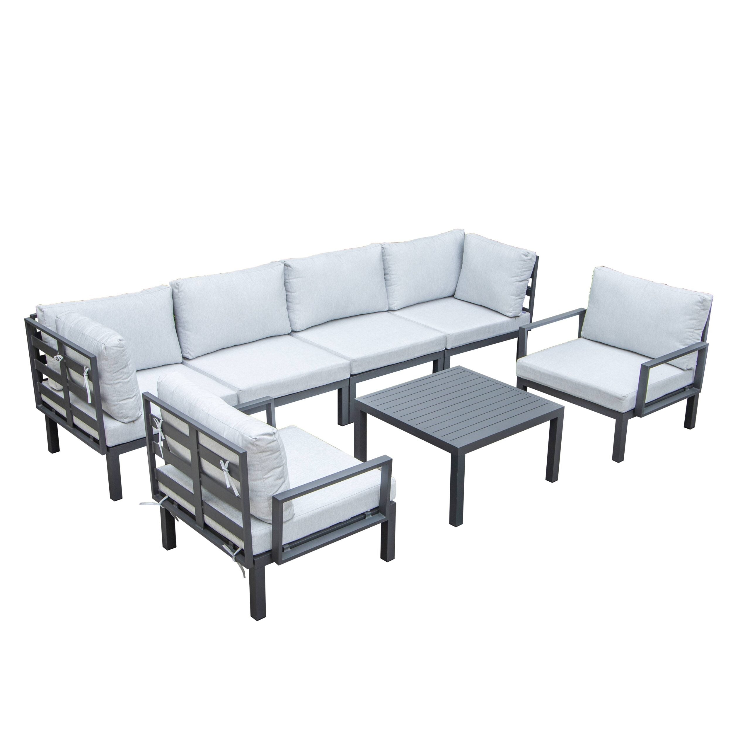 LeisureMod Hamilton 7-Piece Aluminum Patio Conversation Set with Coffee Table And Cushions