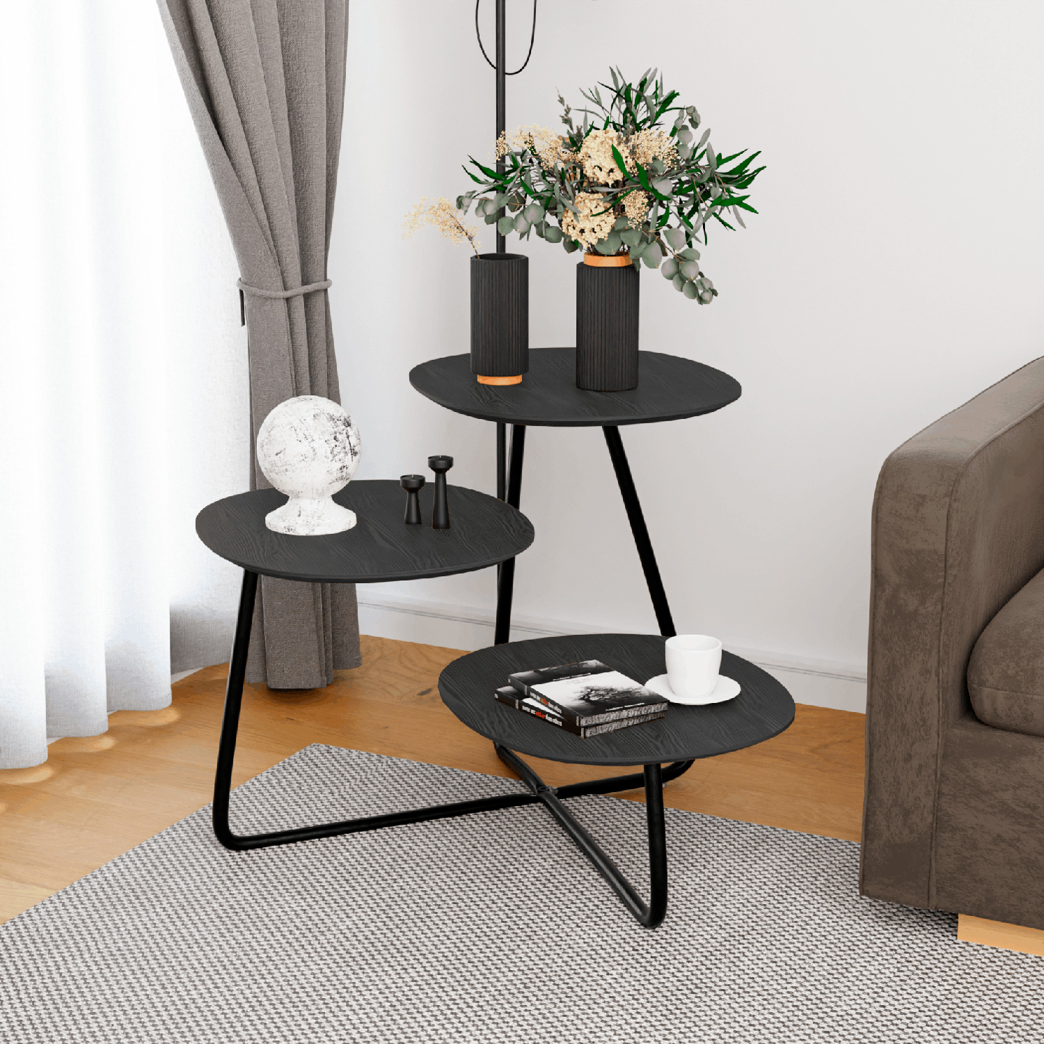 LeisureMod Hazelton Multi-Top End Tables With Manufactured Wood Top And Powder Coated Steel Frame - Black