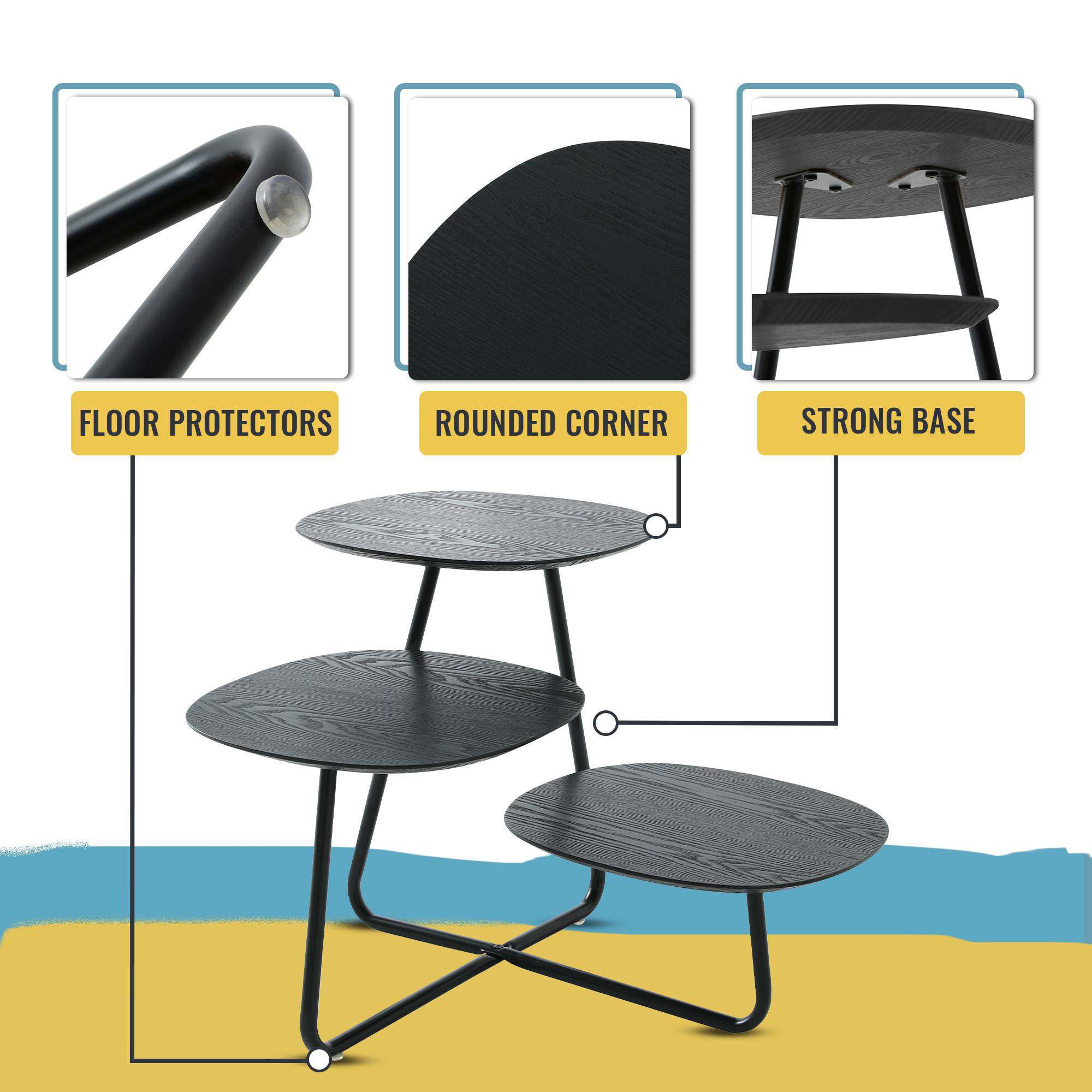 LeisureMod Hazelton Multi-Top End Tables With Manufactured Wood Top And Powder Coated Steel Frame - Black