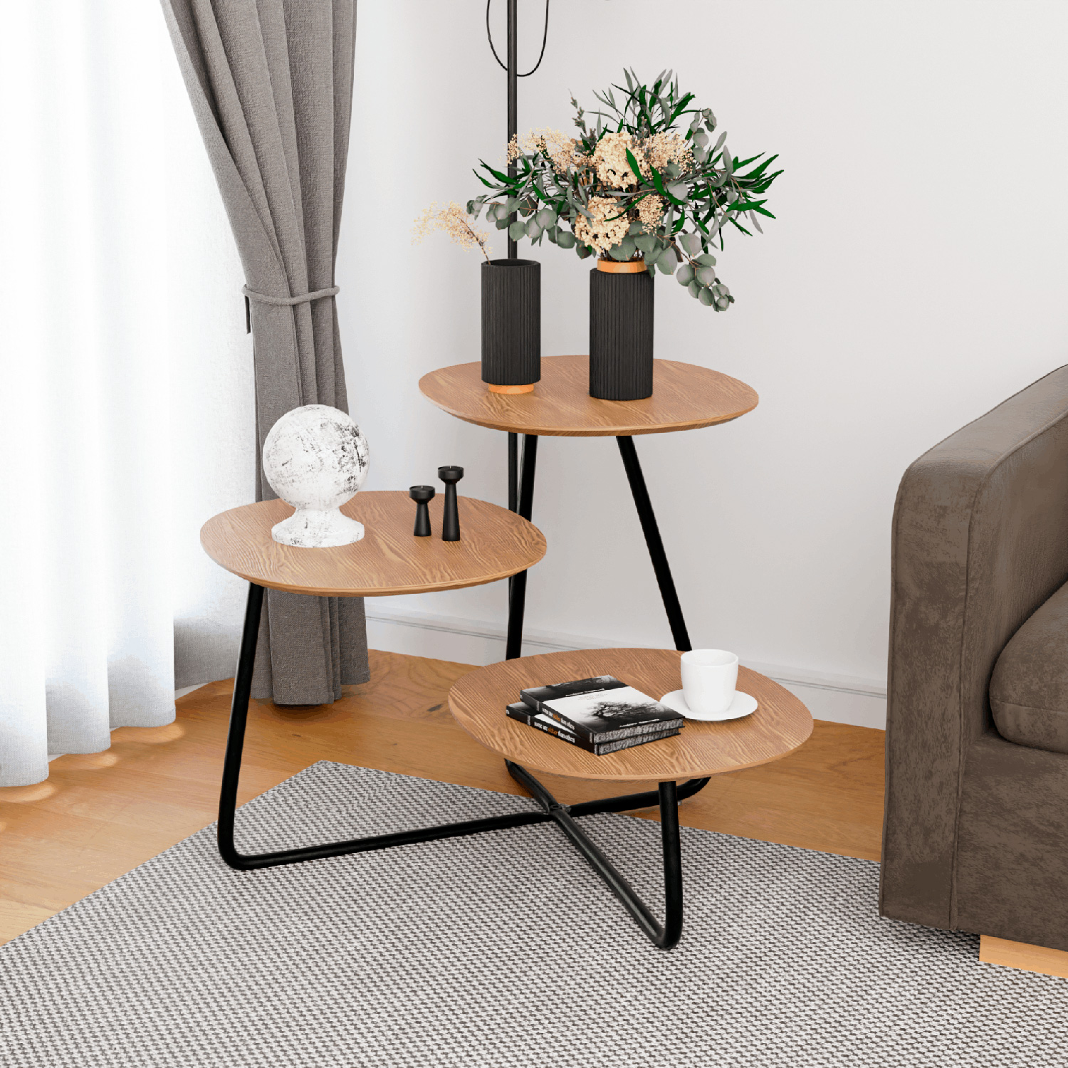 LeisureMod Hazelton Multi-Top End Tables With Manufactured Wood Top And Powder Coated Steel Frame - Natural Wood