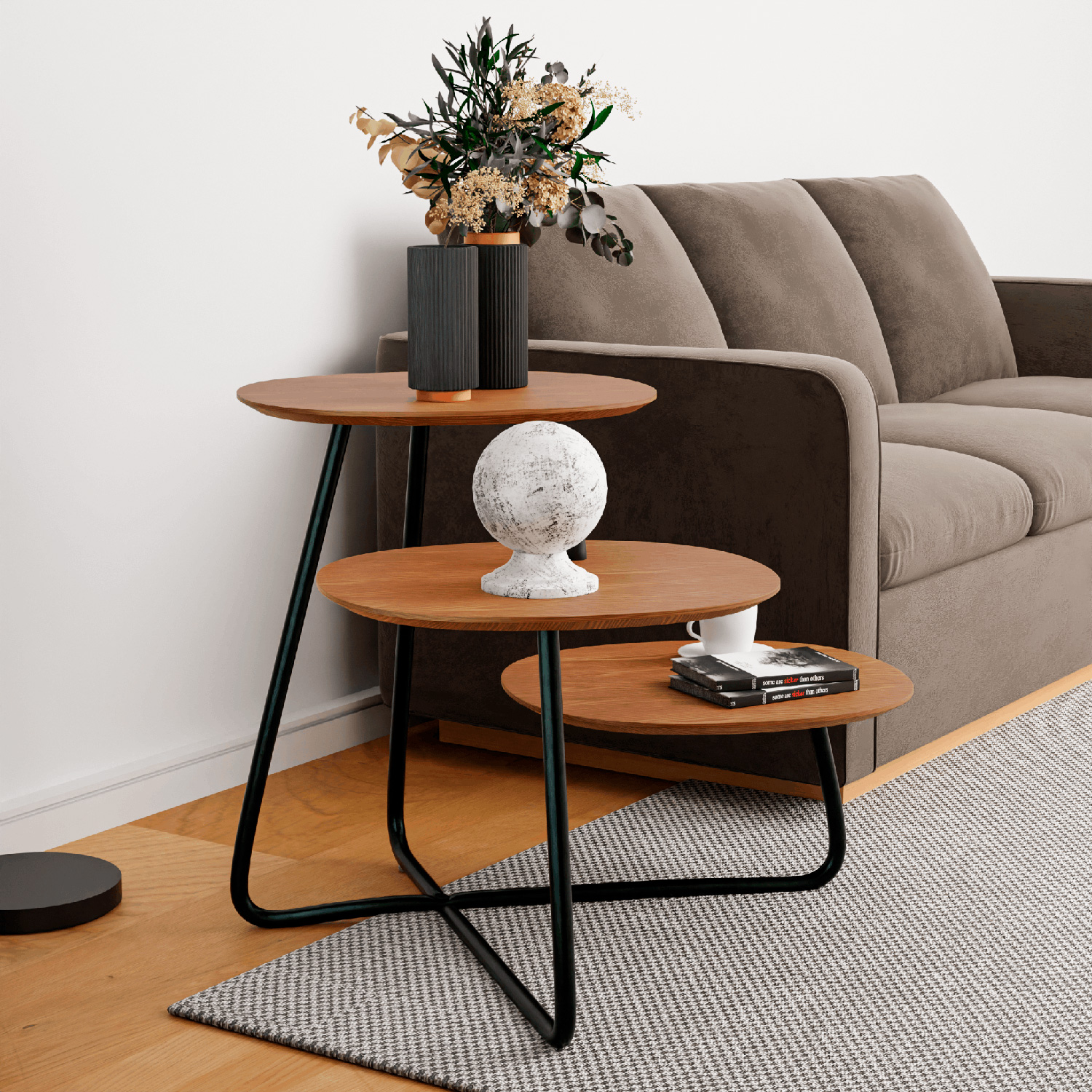 LeisureMod Hazelton Multi-Top End Tables With Manufactured Wood Top And Powder Coated Steel Frame - Walnut