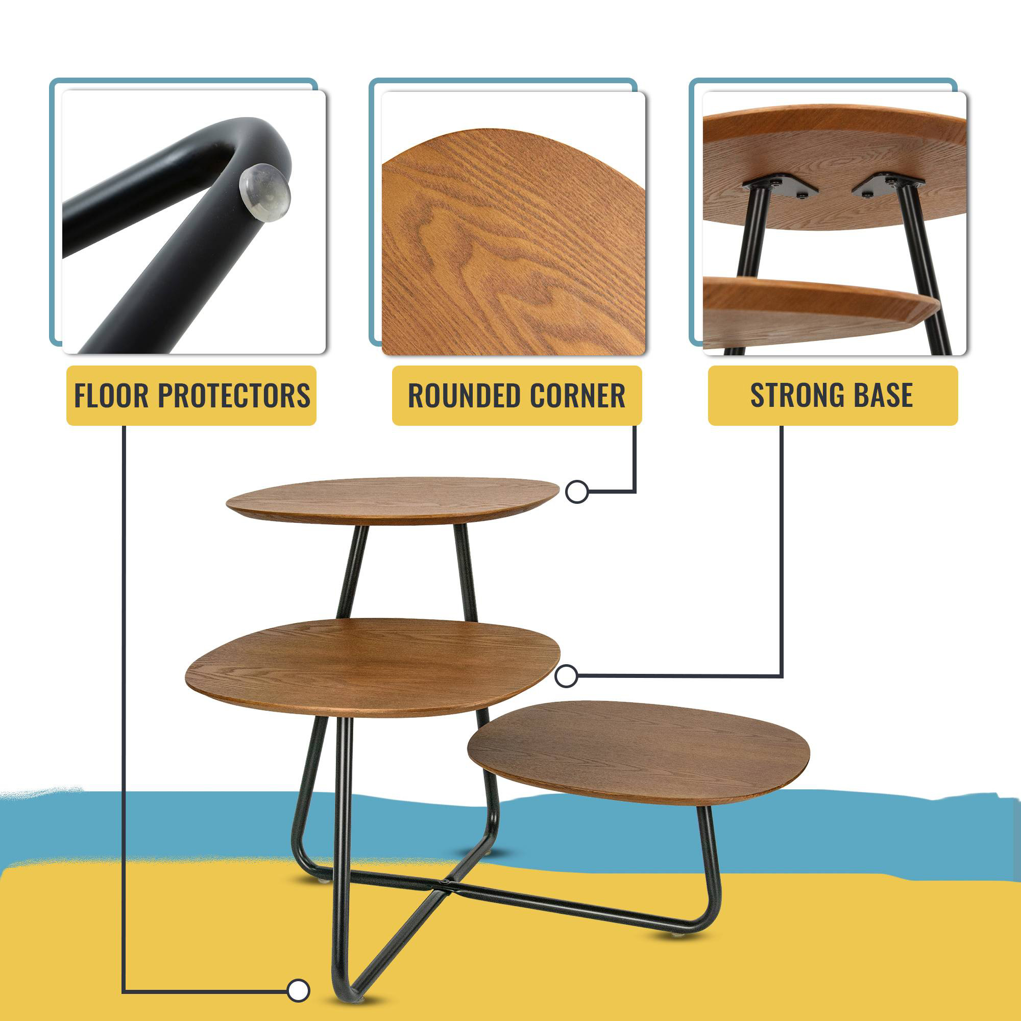 LeisureMod Hazelton Multi-Top End Tables With Manufactured Wood Top And Powder Coated Steel Frame - Walnut