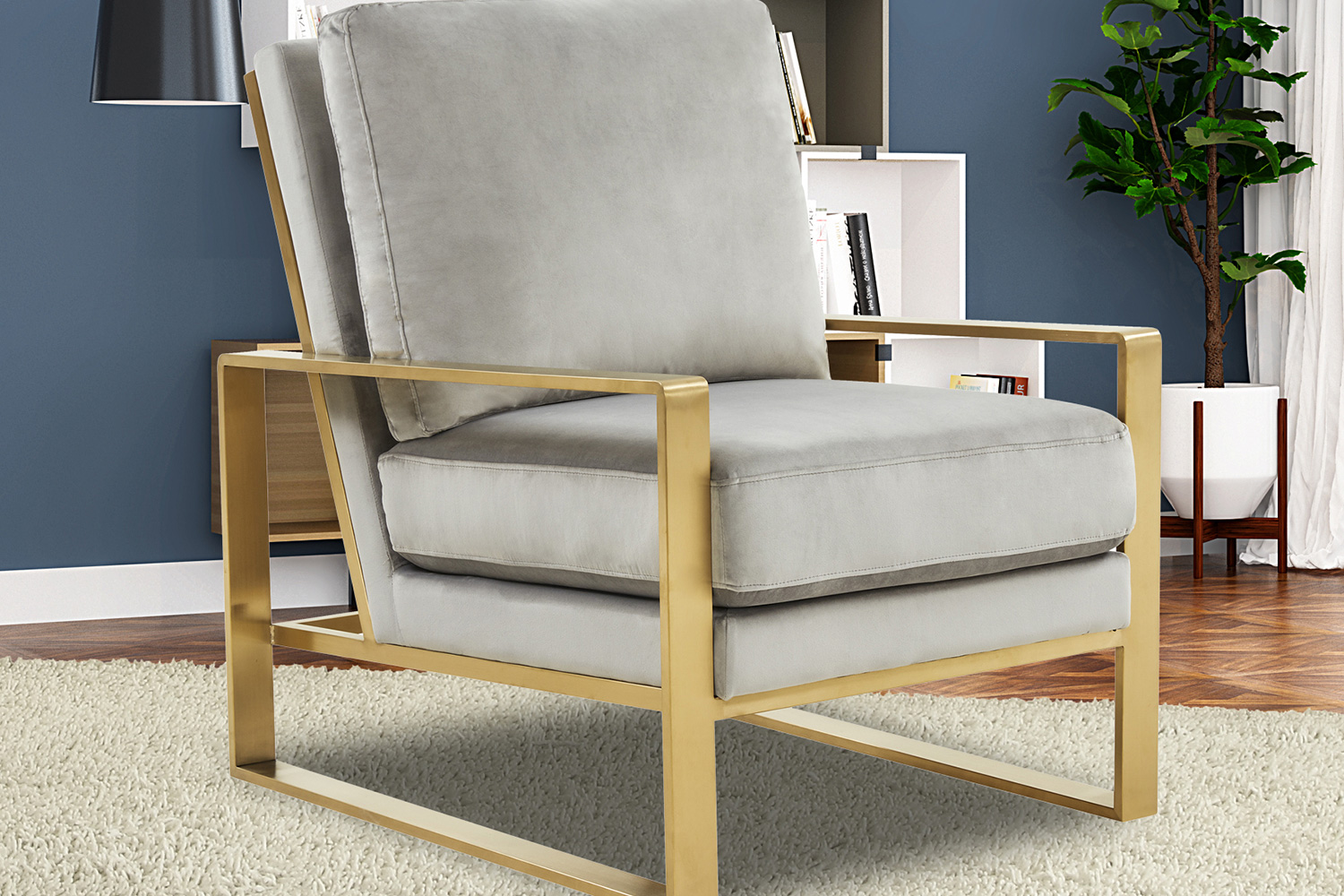 LeisureMod Jefferson Velvet Design Accent Armchair with Gold Brass Finish Frame - Light Gray