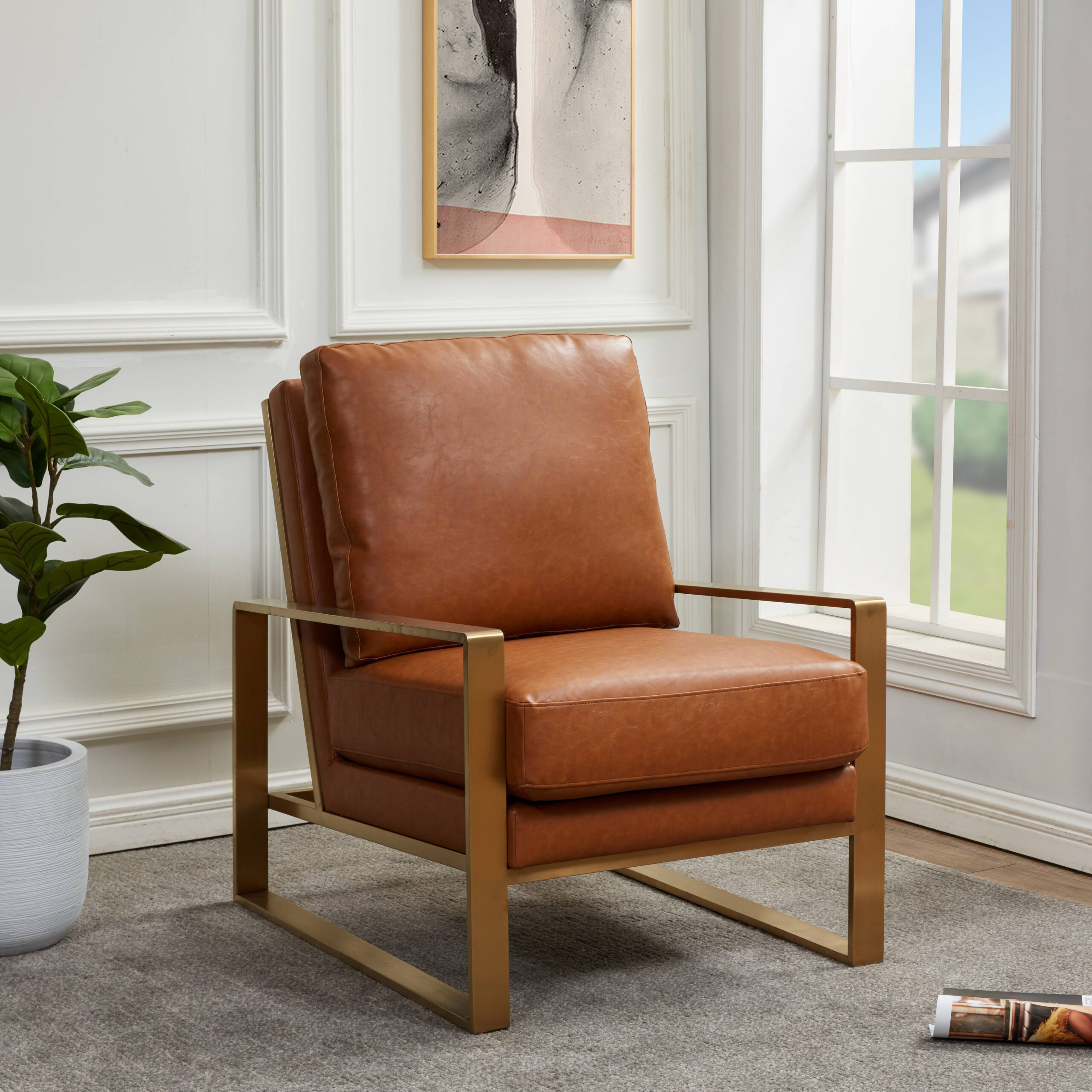 LeisureMod Jefferson Leather Modern Design Accent Armchair With Elegant Gold Frame - Cognac Tan