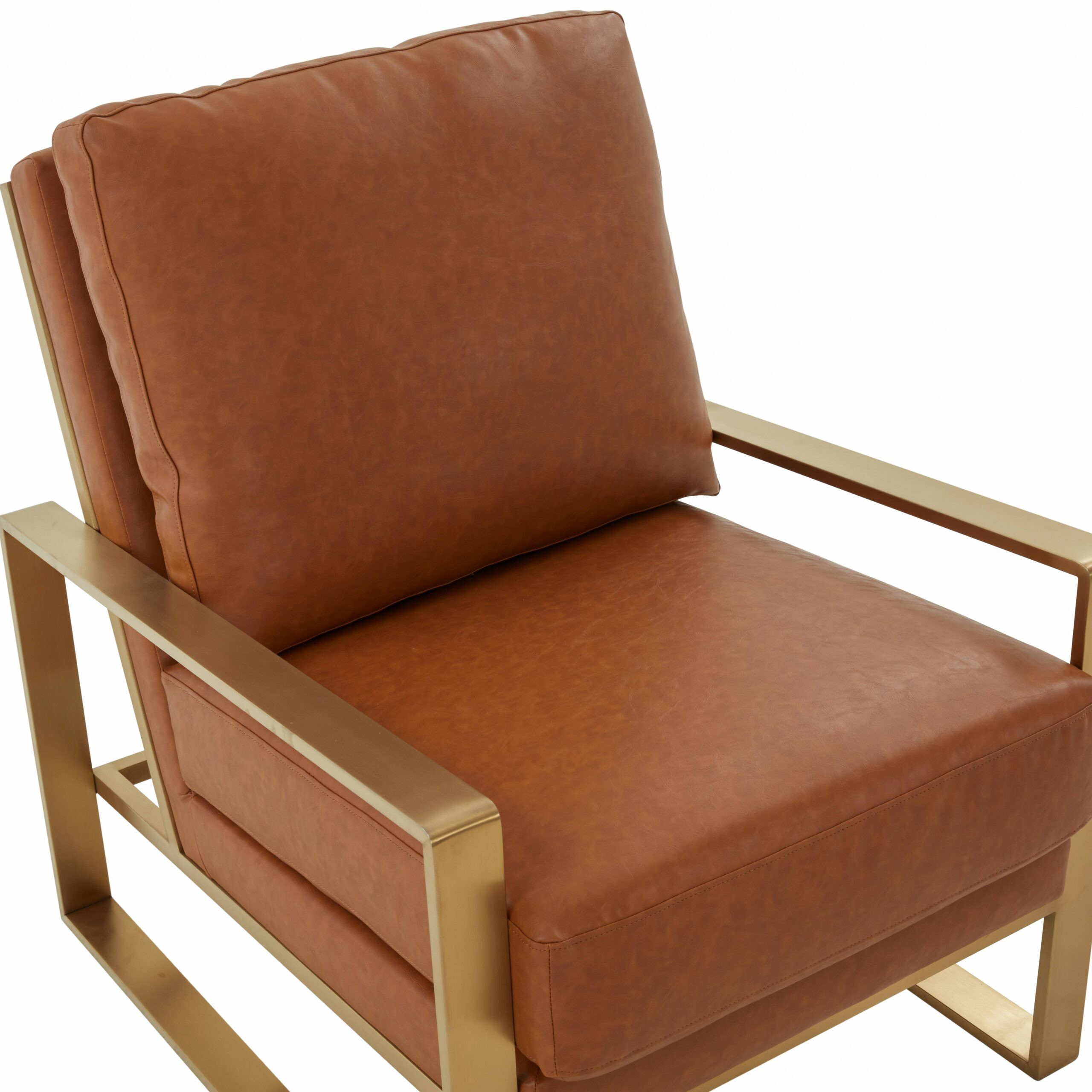 LeisureMod Jefferson Leather Modern Design Accent Armchair With Elegant Gold Frame - Cognac Tan