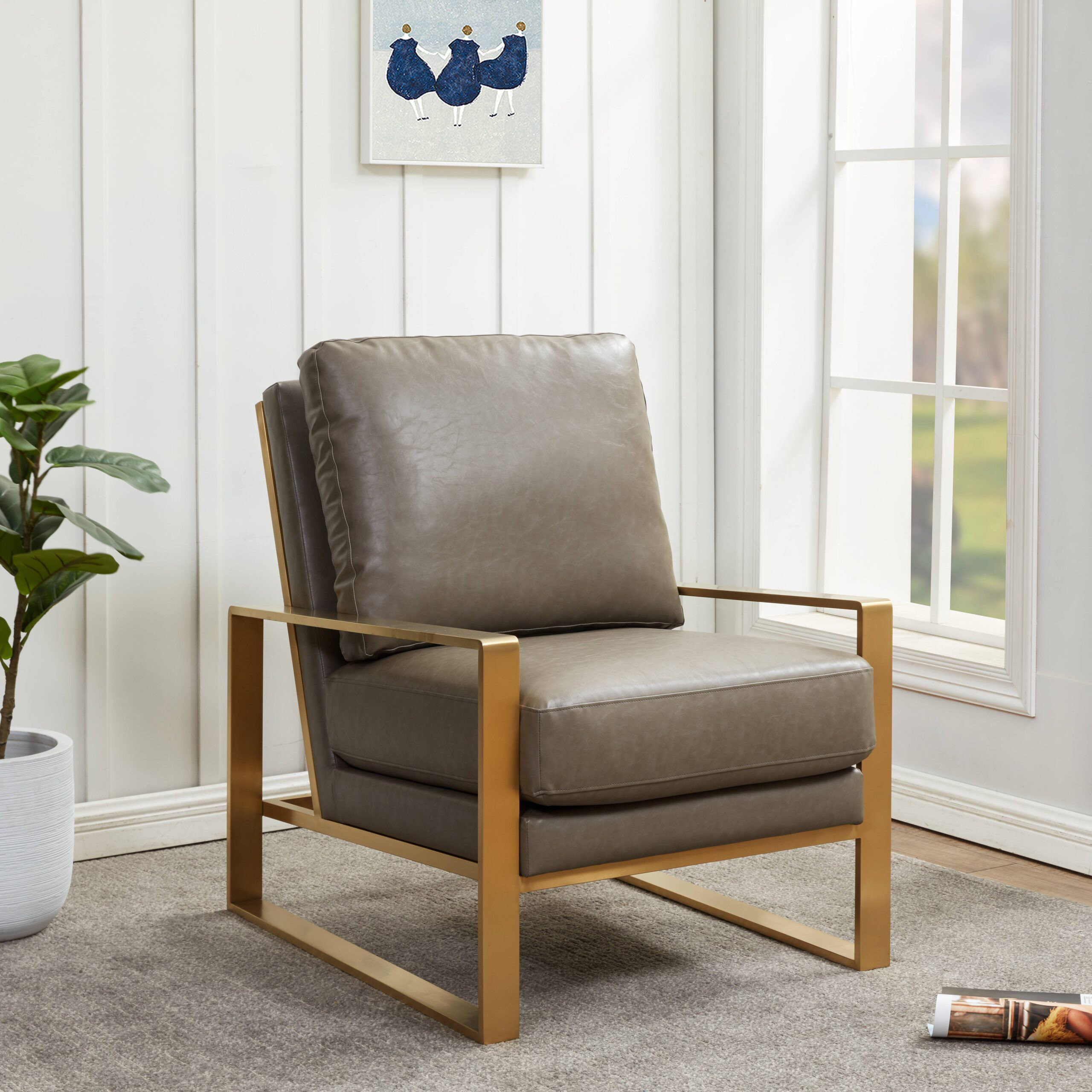 LeisureMod™ Jefferson Leather Modern Design Accent Armchair With Elegant Gold Frame - Gray