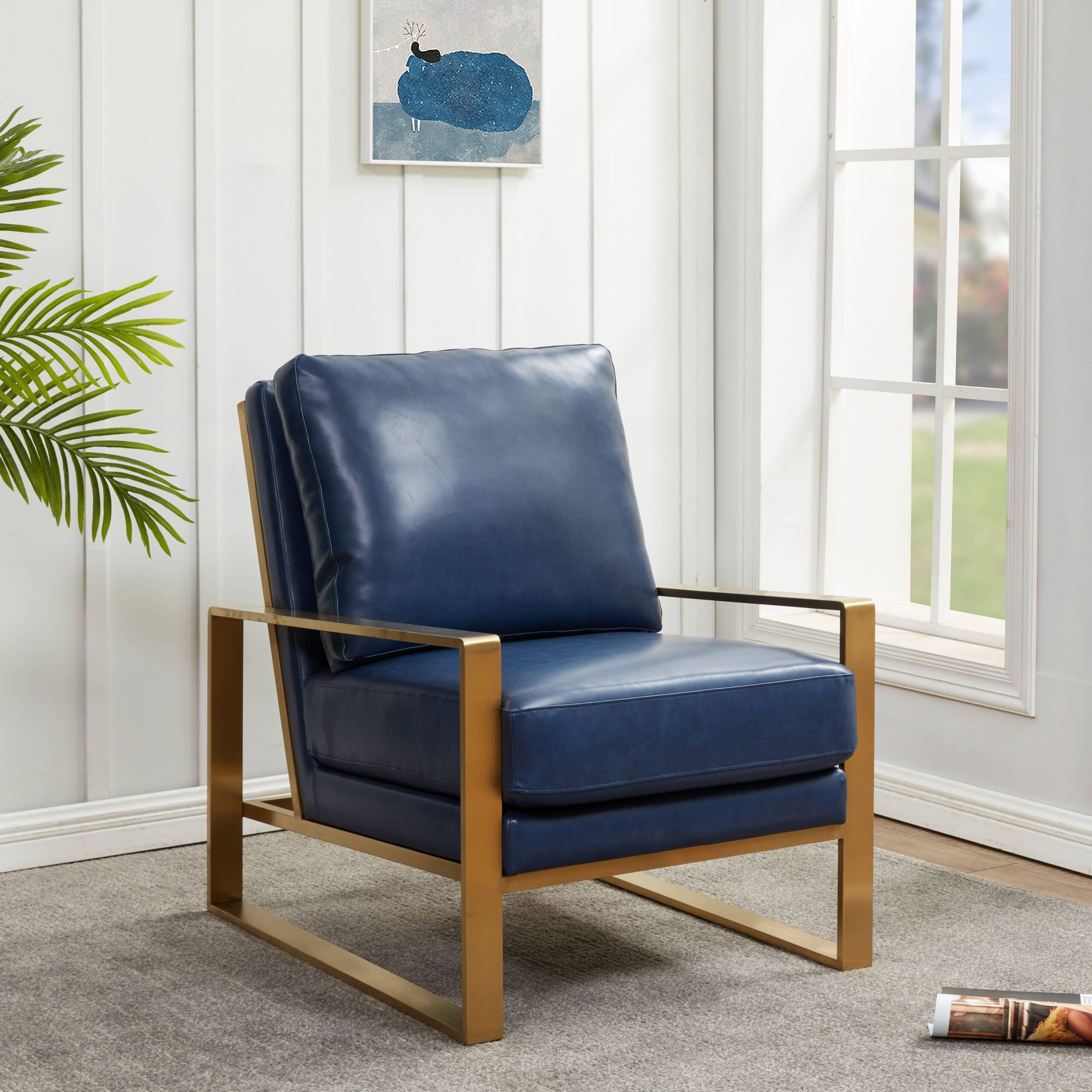 LeisureMod™ Jefferson Leather Modern Design Accent Armchair With Elegant Gold Frame - Navy Blue