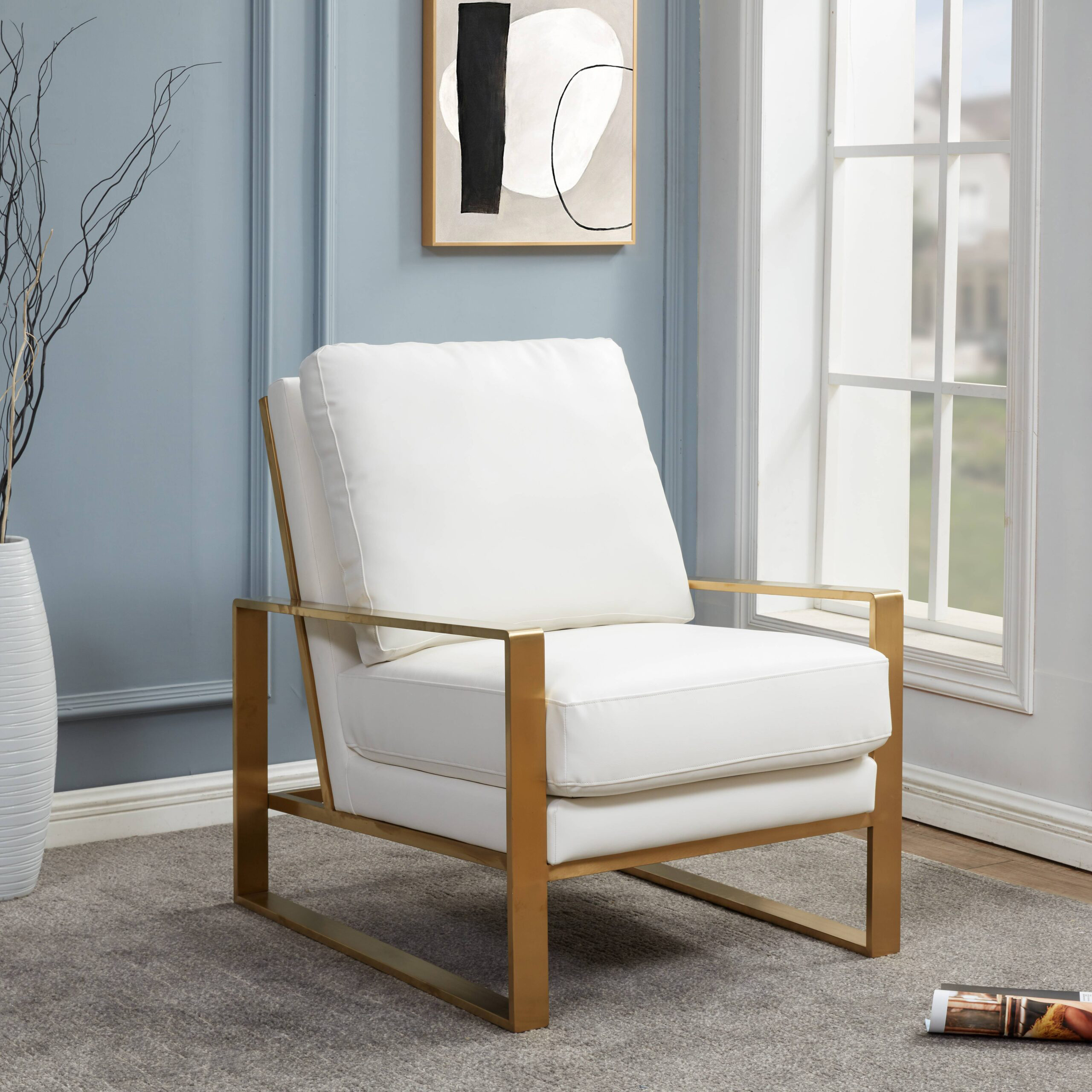 LeisureMod Jefferson Leather Modern Design Accent Armchair With Elegant Gold Frame - White