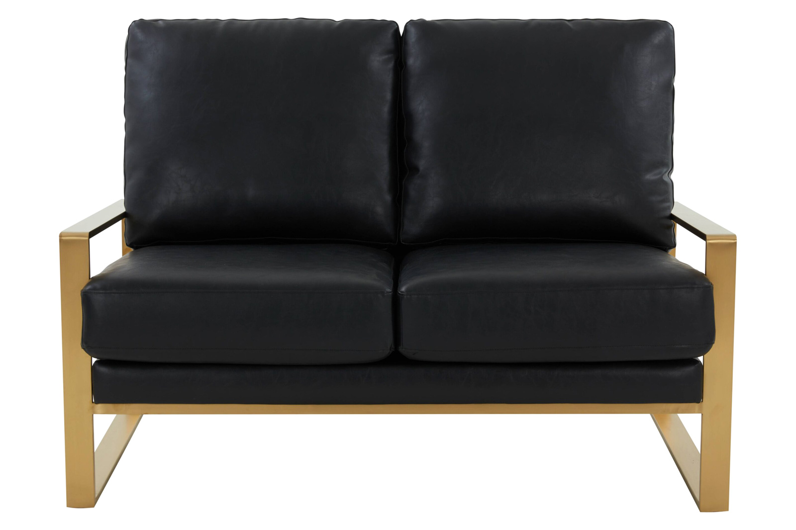 LeisureMod Jefferson Contemporary Modern Faux Leather Loveseat With Gold Frame - Black