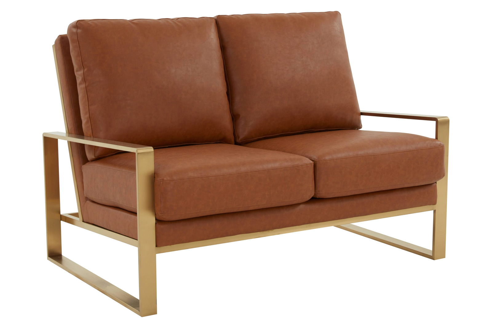 LeisureMod Jefferson Contemporary Modern Faux Leather Loveseat With Gold Frame