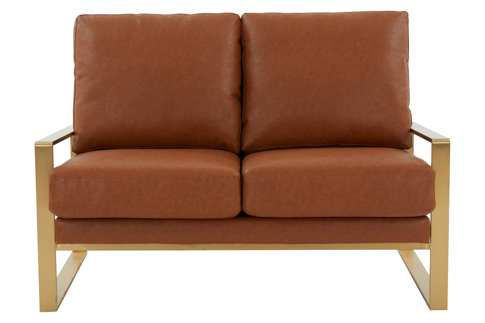 LeisureMod Jefferson Contemporary Modern Faux Leather Loveseat With Gold Frame - Cognac Tan