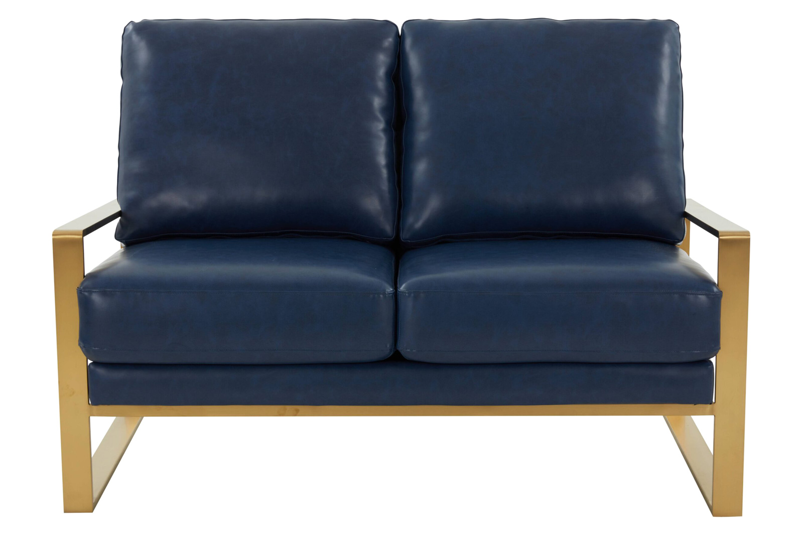 LeisureMod Jefferson Contemporary Modern Faux Leather Loveseat With Gold Frame - Navy Blue