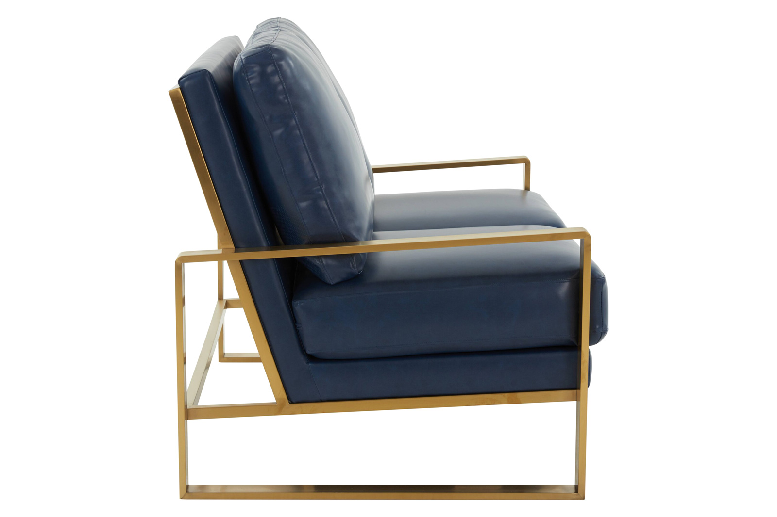 LeisureMod Jefferson Contemporary Modern Faux Leather Loveseat With Gold Frame - Navy Blue