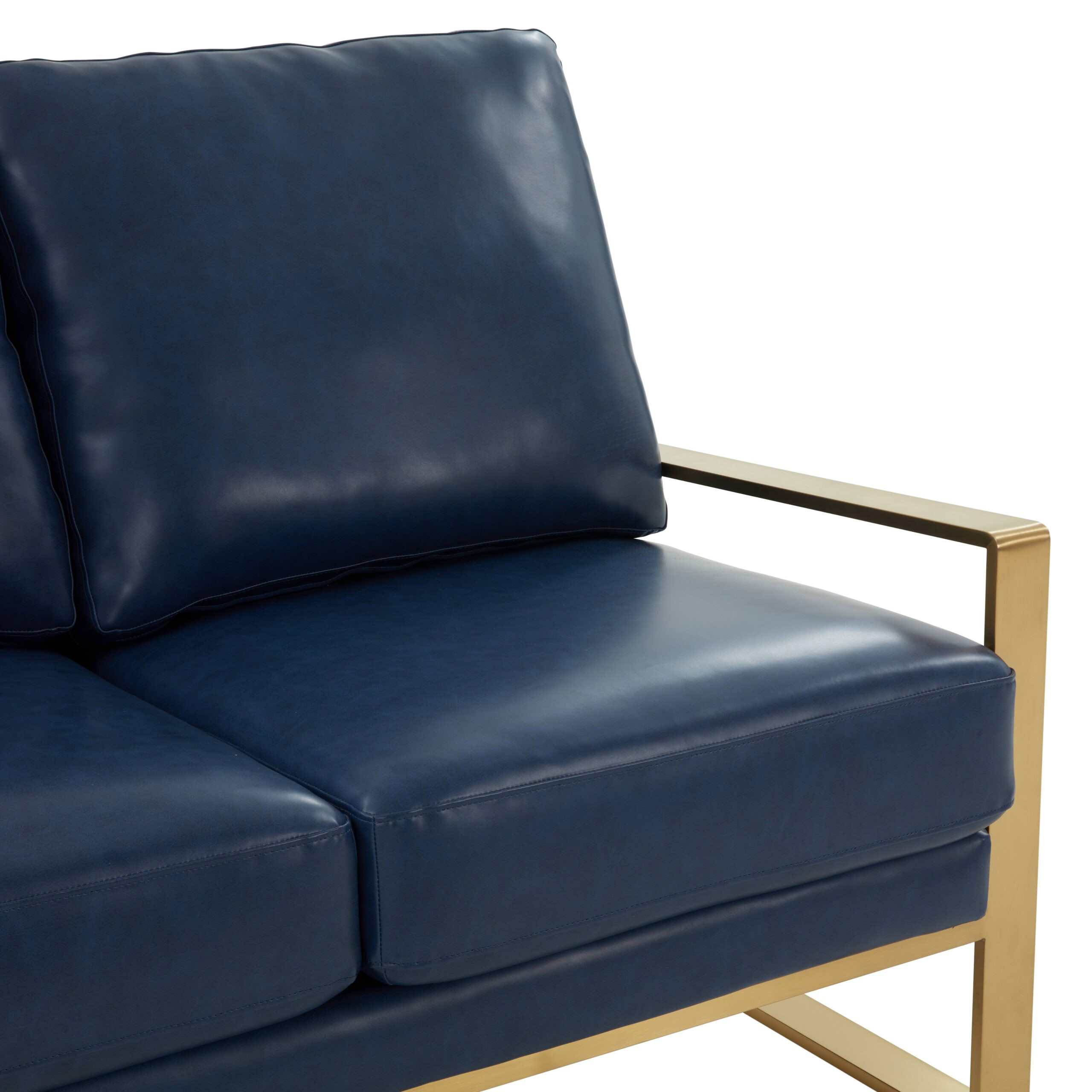 LeisureMod Jefferson Contemporary Modern Faux Leather Loveseat With Gold Frame - Navy Blue