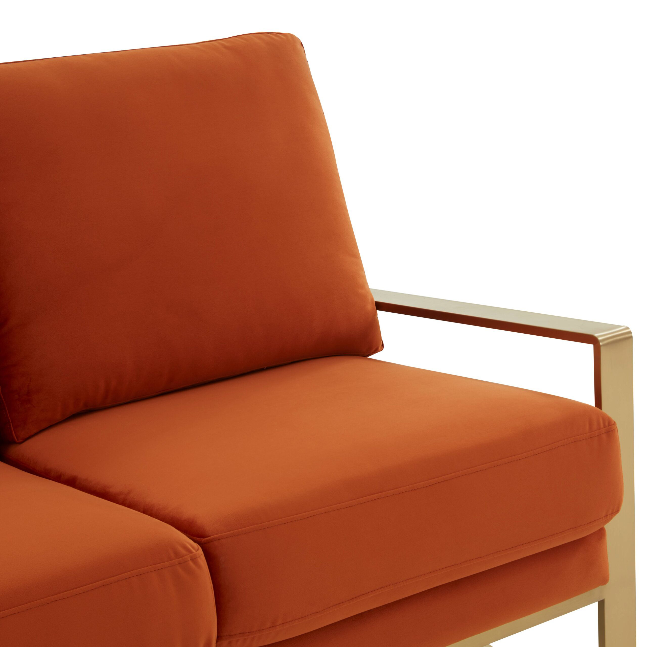 LeisureMod Jefferson Contemporary Modern Velvet Loveseat With Gold Frame - Orange