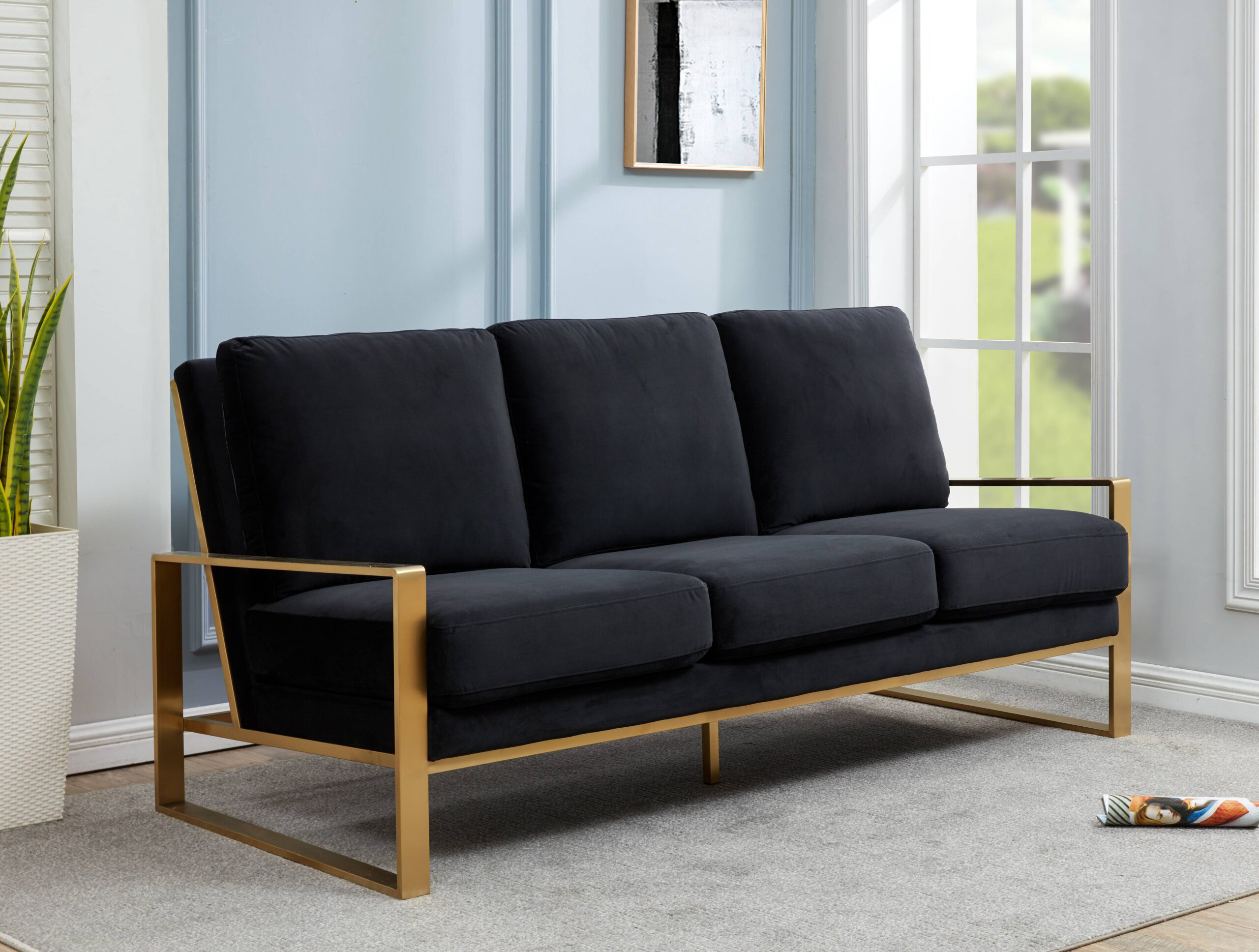 LeisureMod Jefferson Contemporary Modern Design Velvet Sofa With Gold Frame - Black