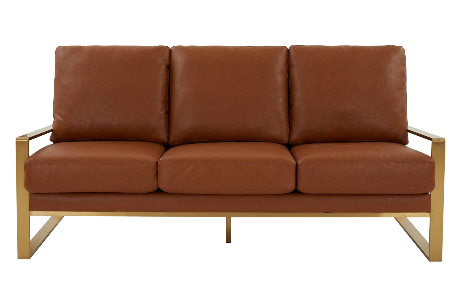 LeisureMod Jefferson Contemporary Modern Design Leather Sofa With Gold Frame - Cognac Tan