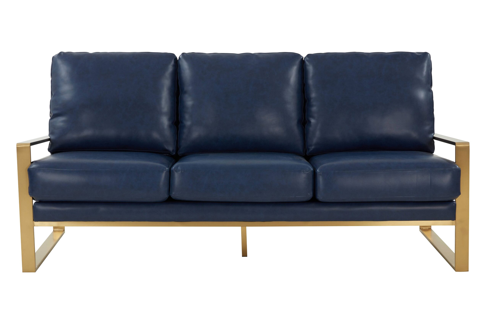 LeisureMod Jefferson Contemporary Modern Design Leather Sofa With Gold Frame - Navy Blue