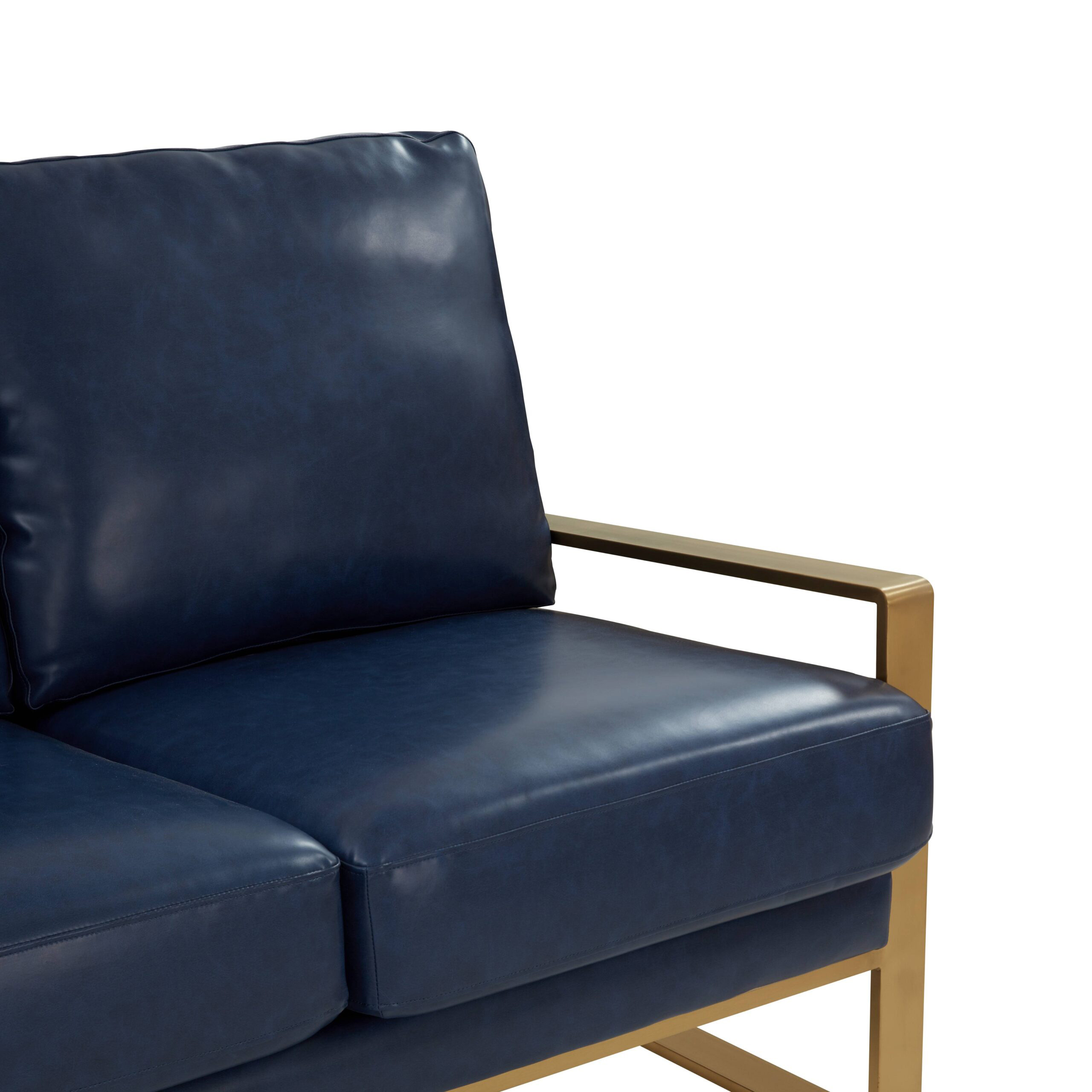 LeisureMod Jefferson Contemporary Modern Design Leather Sofa With Gold Frame - Navy Blue