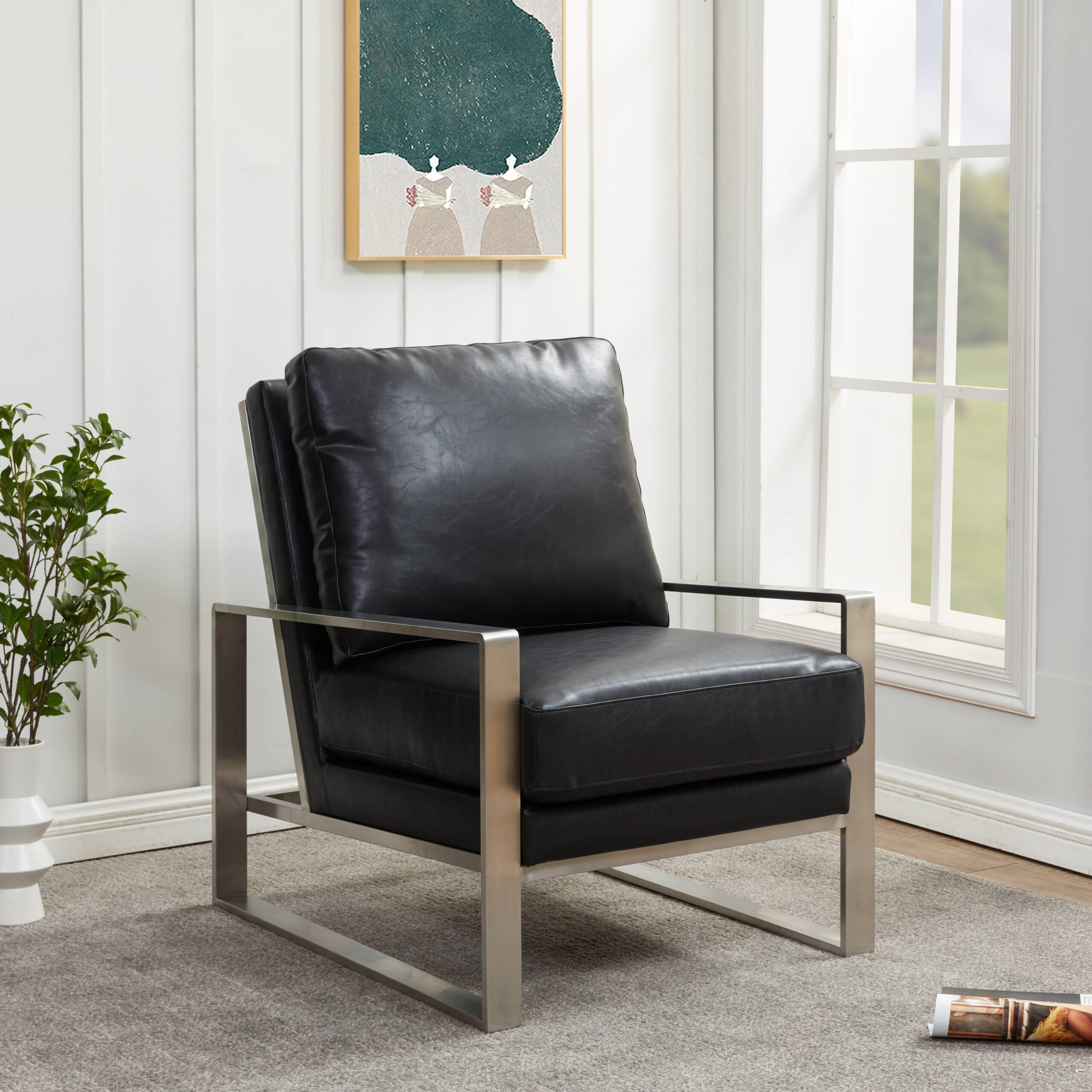 LeisureMod™ Jefferson Leather Modern Design Accent Armchair With Elegant Silver Frame - Black