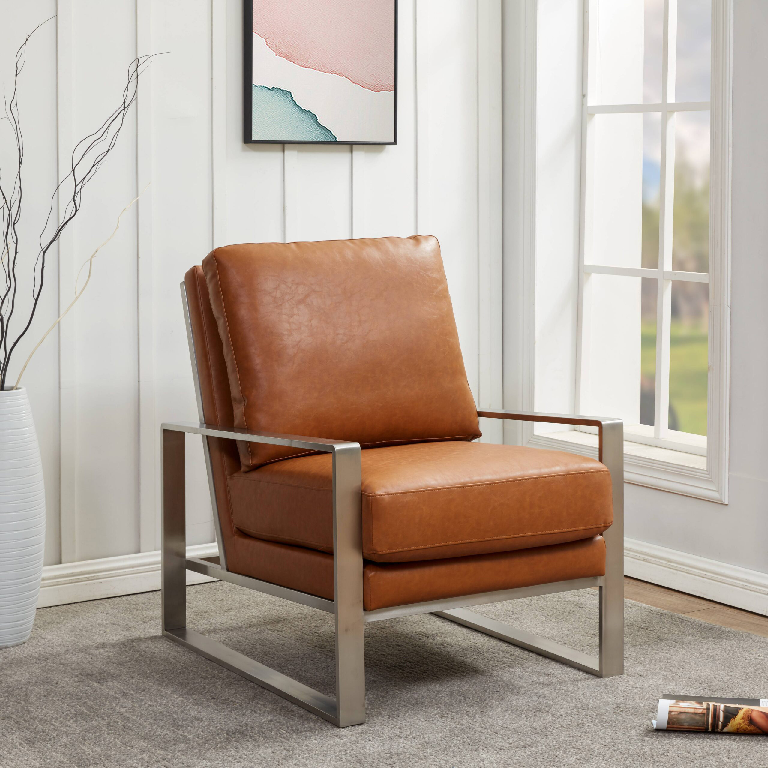 LeisureMod™ Jefferson Leather Modern Design Accent Armchair With Elegant Silver Frame - Cognac Tan