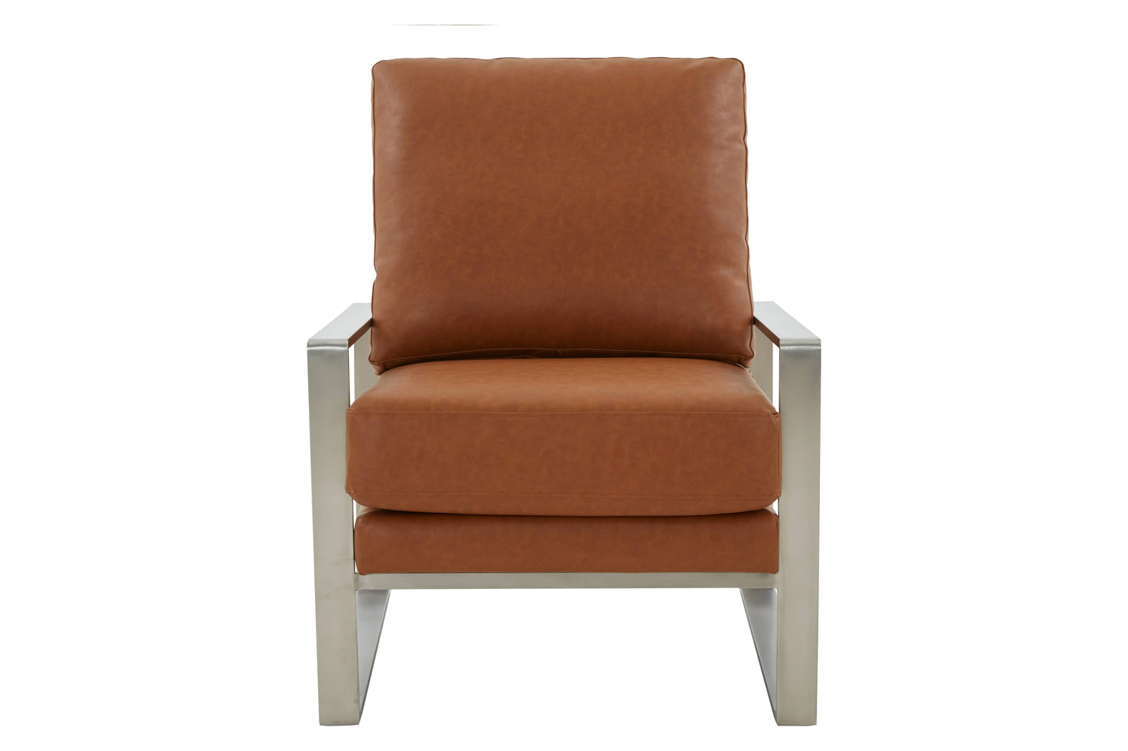 LeisureMod™ Jefferson Leather Modern Design Accent Armchair With Elegant Silver Frame - Cognac Tan