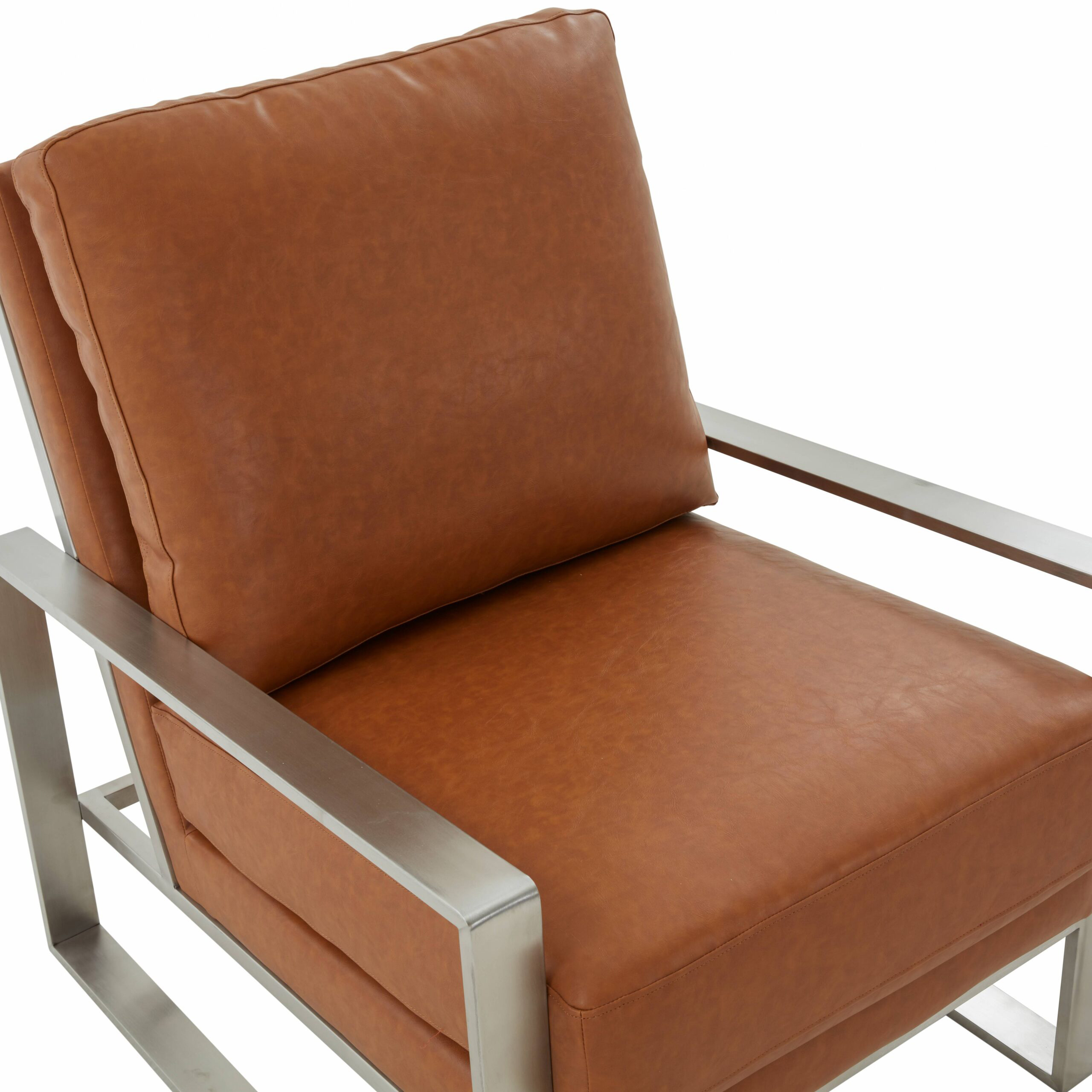 LeisureMod™ Jefferson Leather Modern Design Accent Armchair With Elegant Silver Frame - Cognac Tan