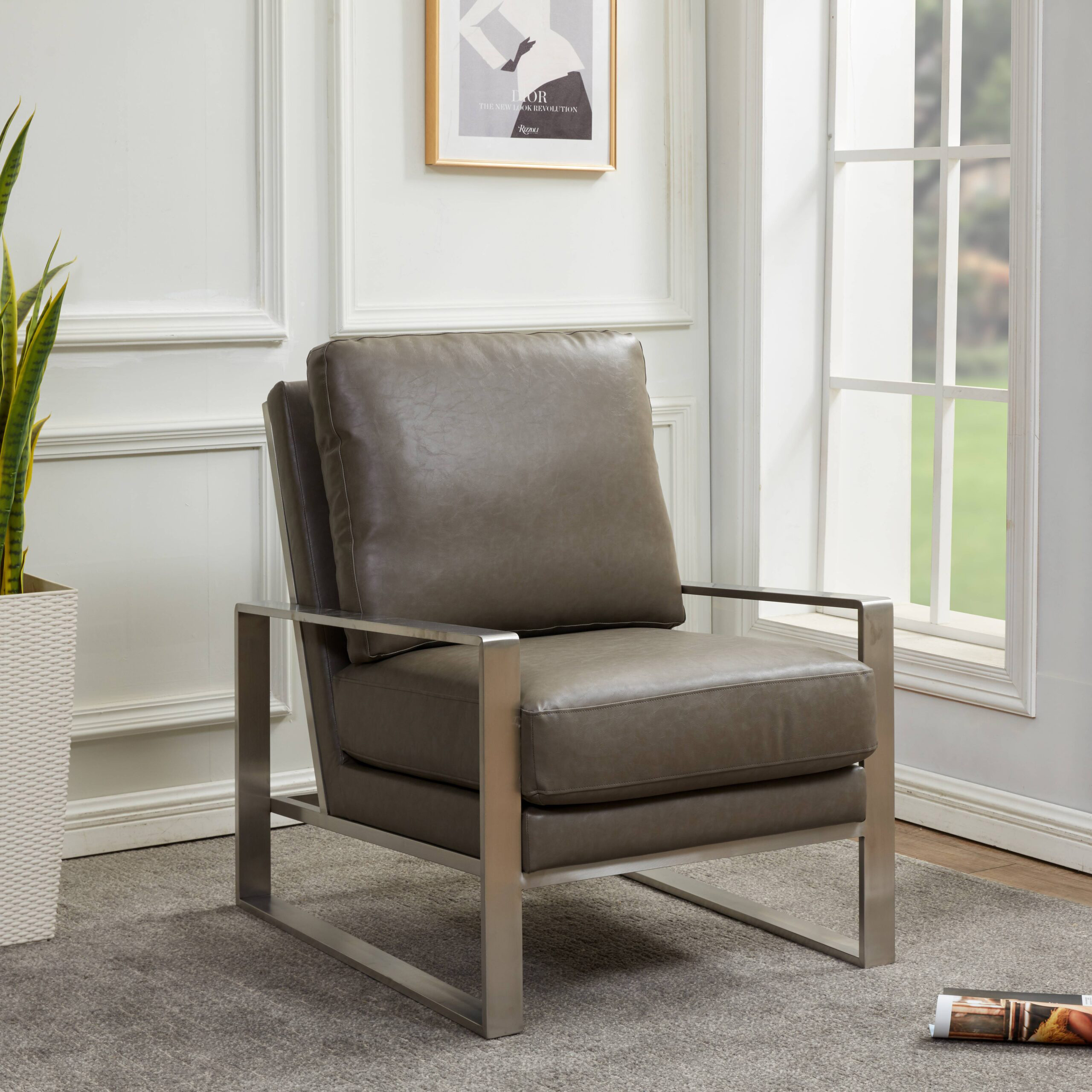 LeisureMod™ Jefferson Leather Modern Design Accent Armchair With Elegant Silver Frame - Gray