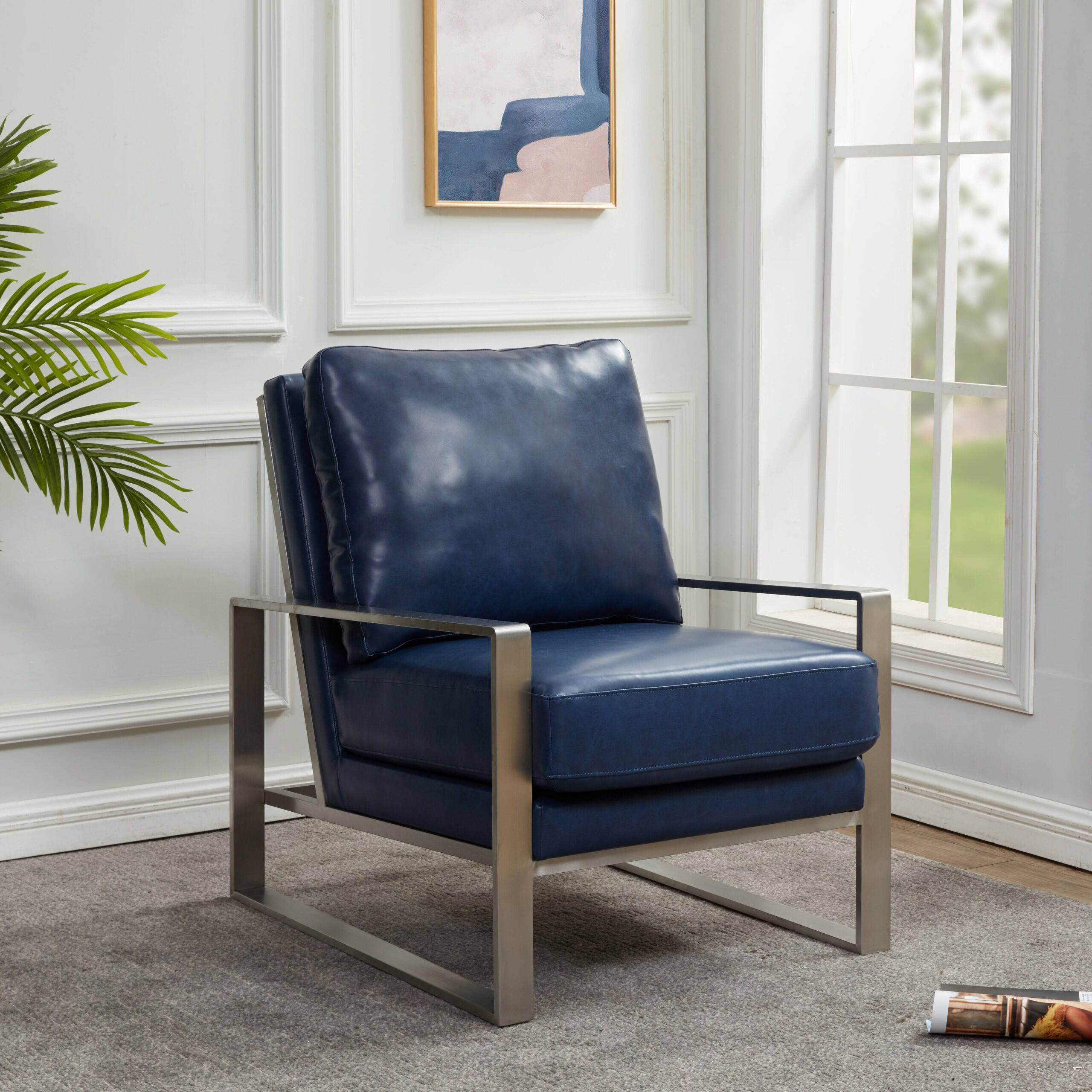 LeisureMod™ Jefferson Leather Modern Design Accent Armchair With Elegant Silver Frame - Navy Blue