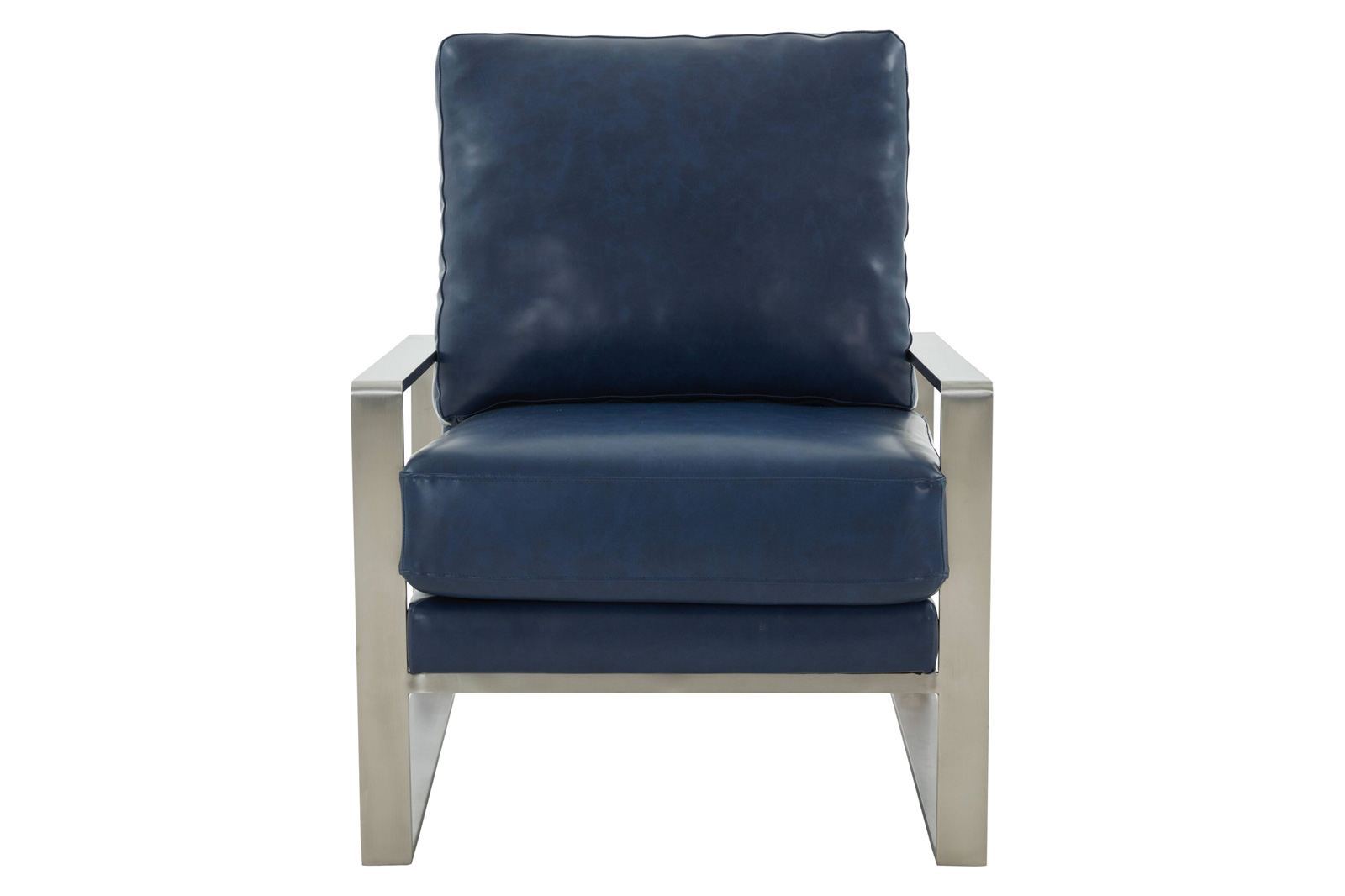 LeisureMod™ Jefferson Leather Modern Design Accent Armchair With Elegant Silver Frame - Navy Blue