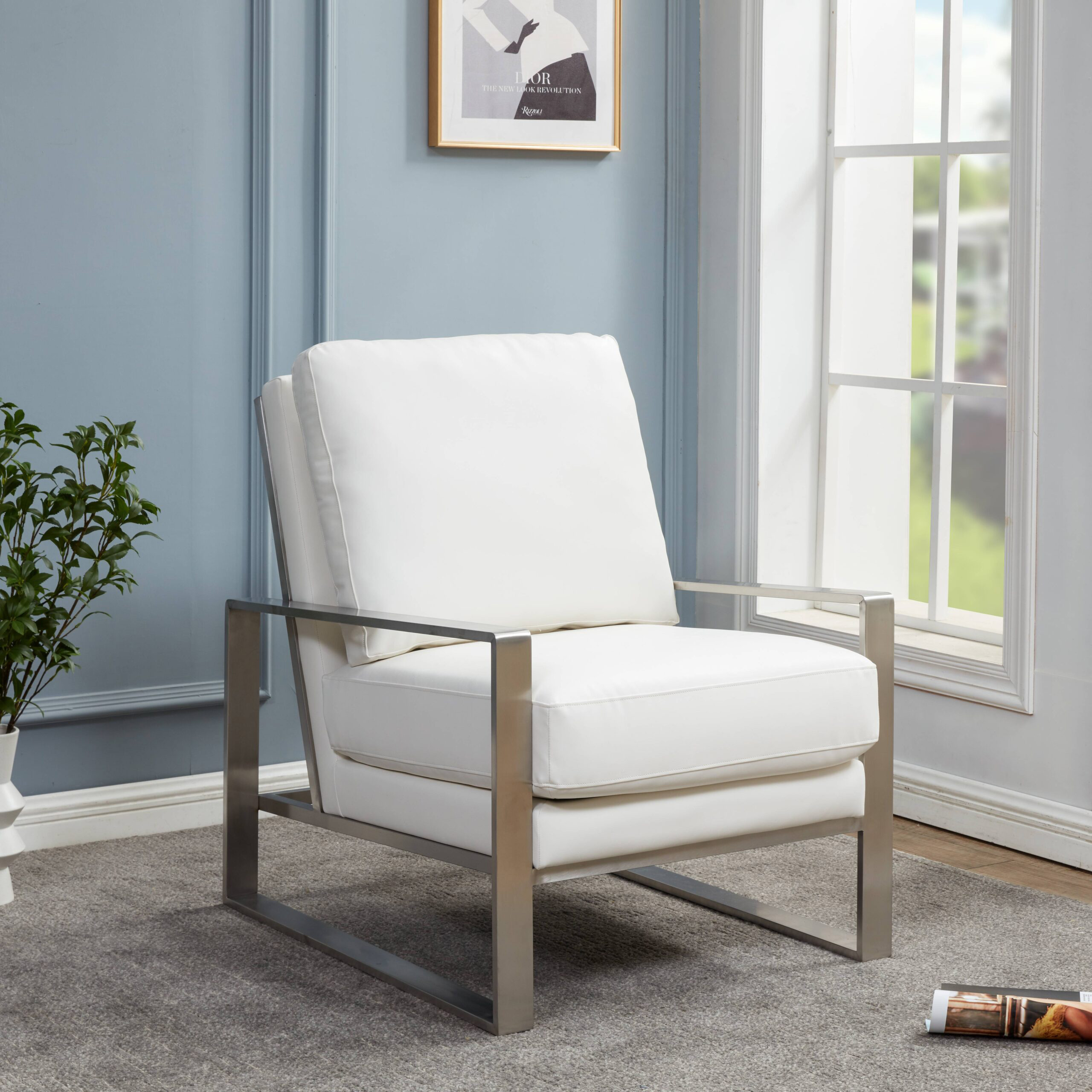 LeisureMod™ Jefferson Leather Modern Design Accent Armchair With Elegant Silver Frame - White