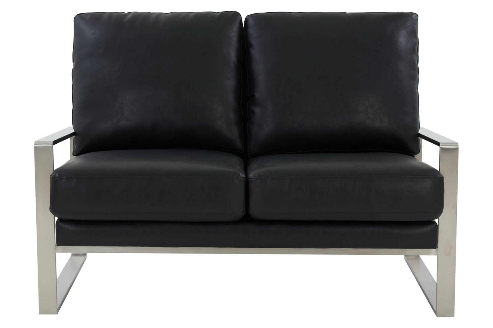 LeisureMod Jefferson Contemporary Modern Faux Leather Loveseat With Silver Frame - Black