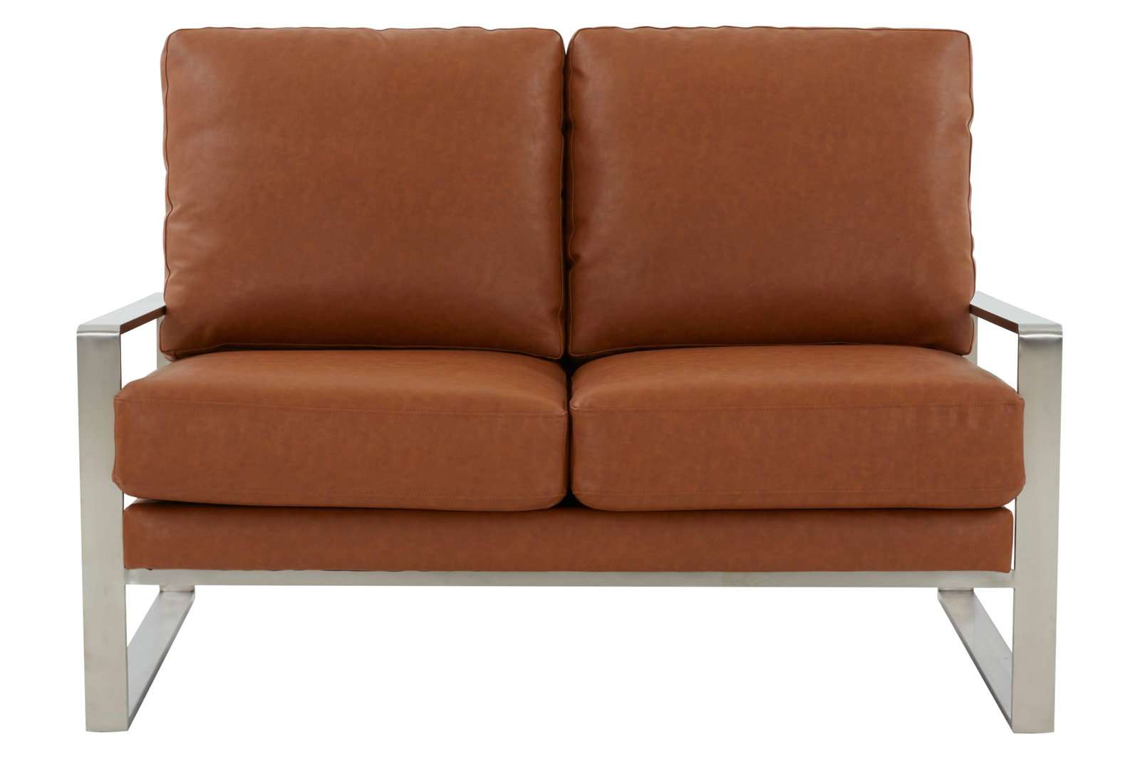 LeisureMod Jefferson Contemporary Modern Faux Leather Loveseat With Silver Frame - Cognac Tan