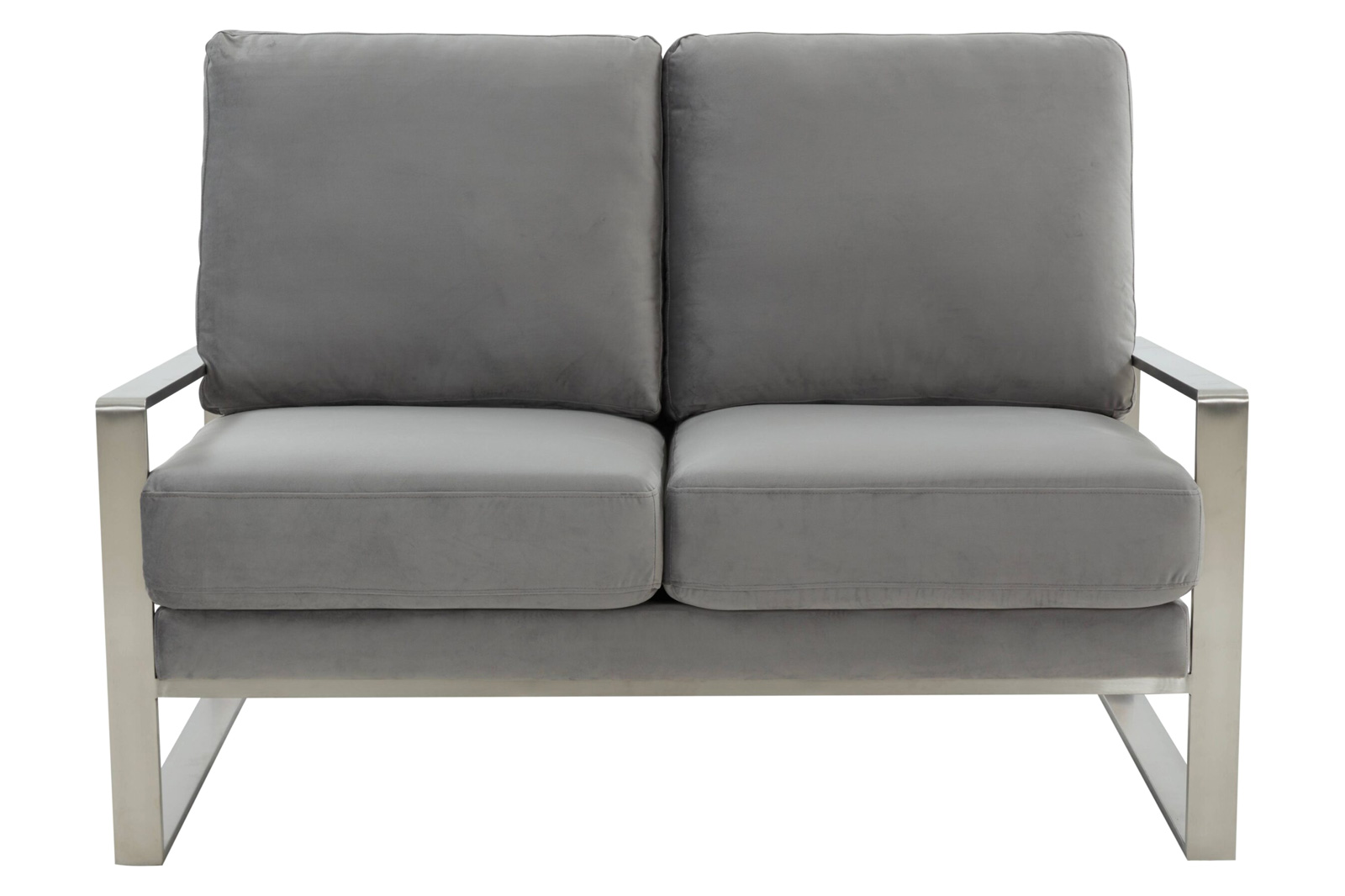 LeisureMod Jefferson Contemporary Modern Velvet Loveseat With Silver Frame - Light Gray