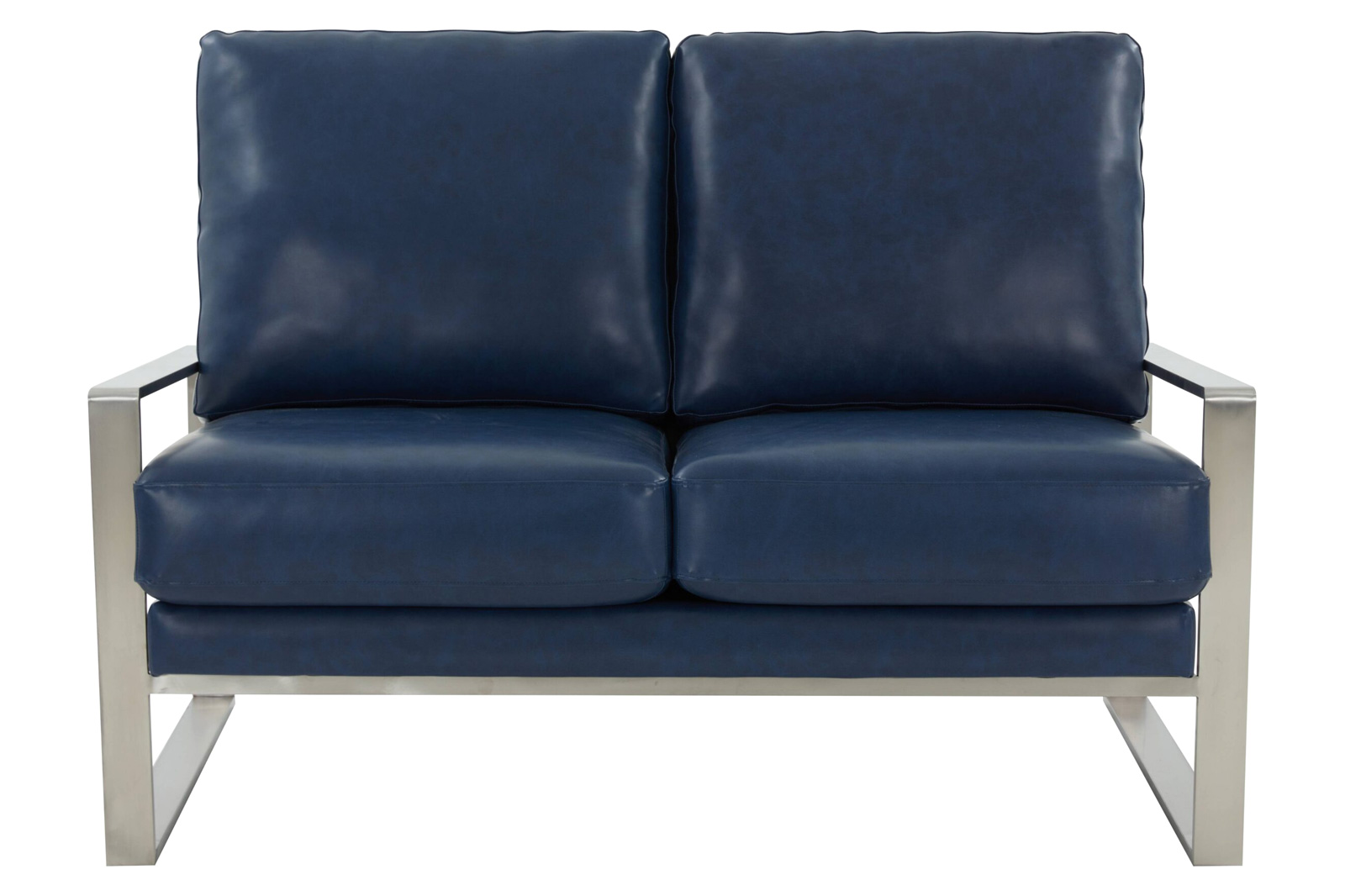 LeisureMod Jefferson Contemporary Modern Faux Leather Loveseat With Silver Frame - Navy Blue