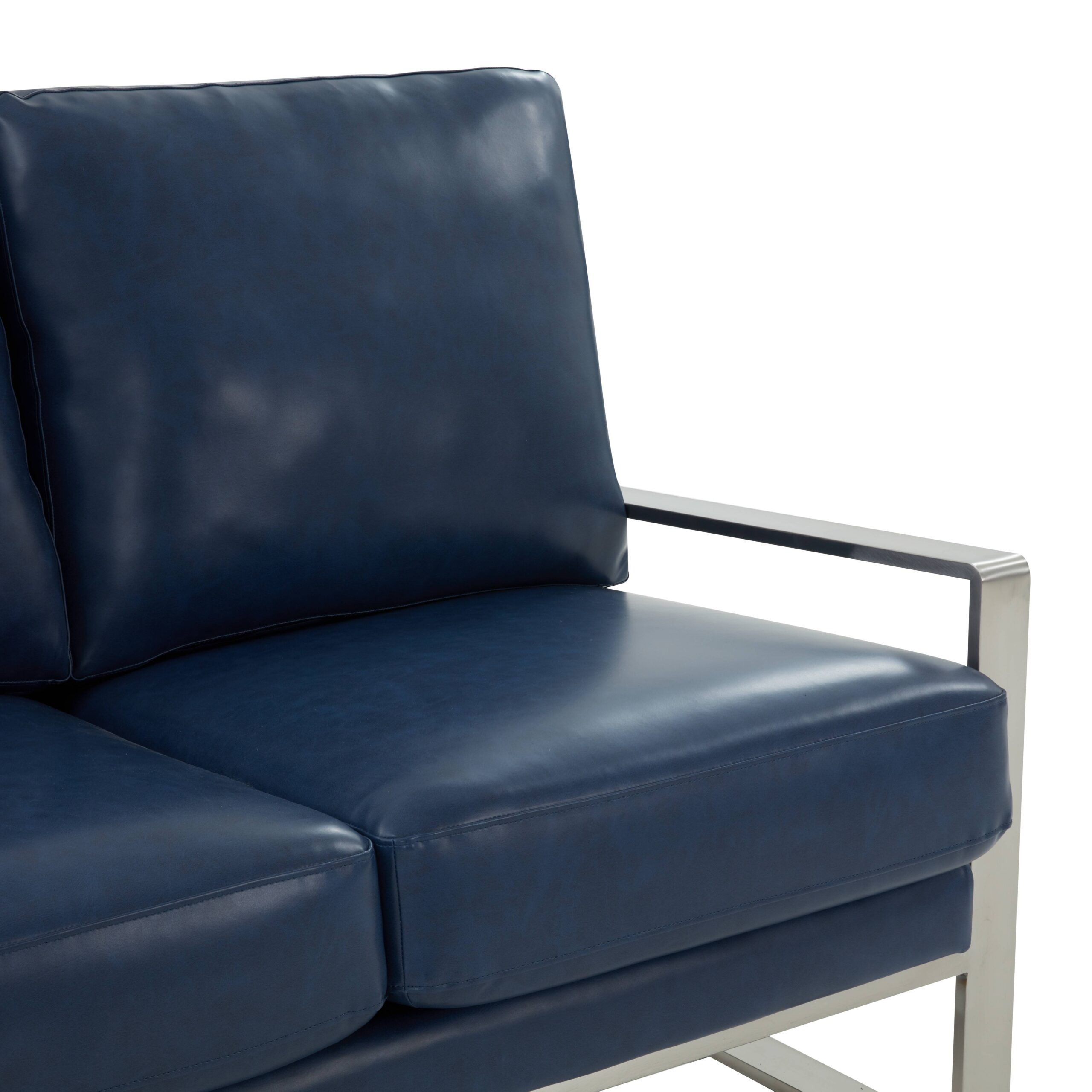 LeisureMod Jefferson Contemporary Modern Faux Leather Loveseat With Silver Frame - Navy Blue