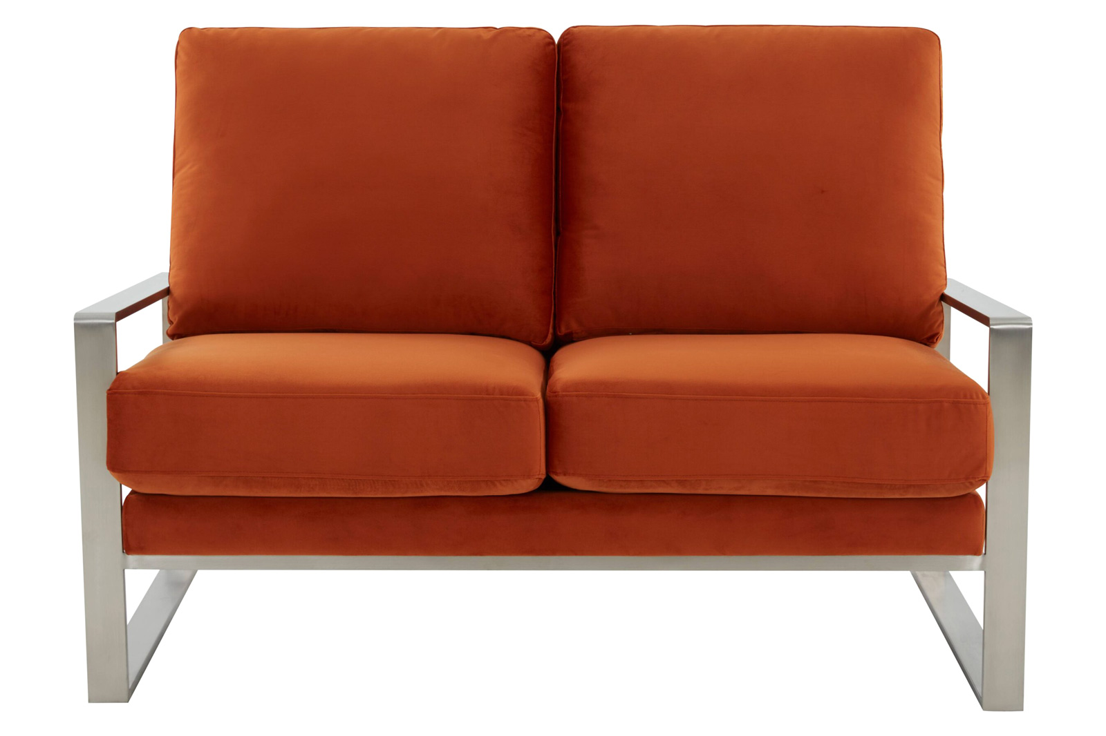 LeisureMod Jefferson Contemporary Modern Velvet Loveseat With Silver Frame - Orange