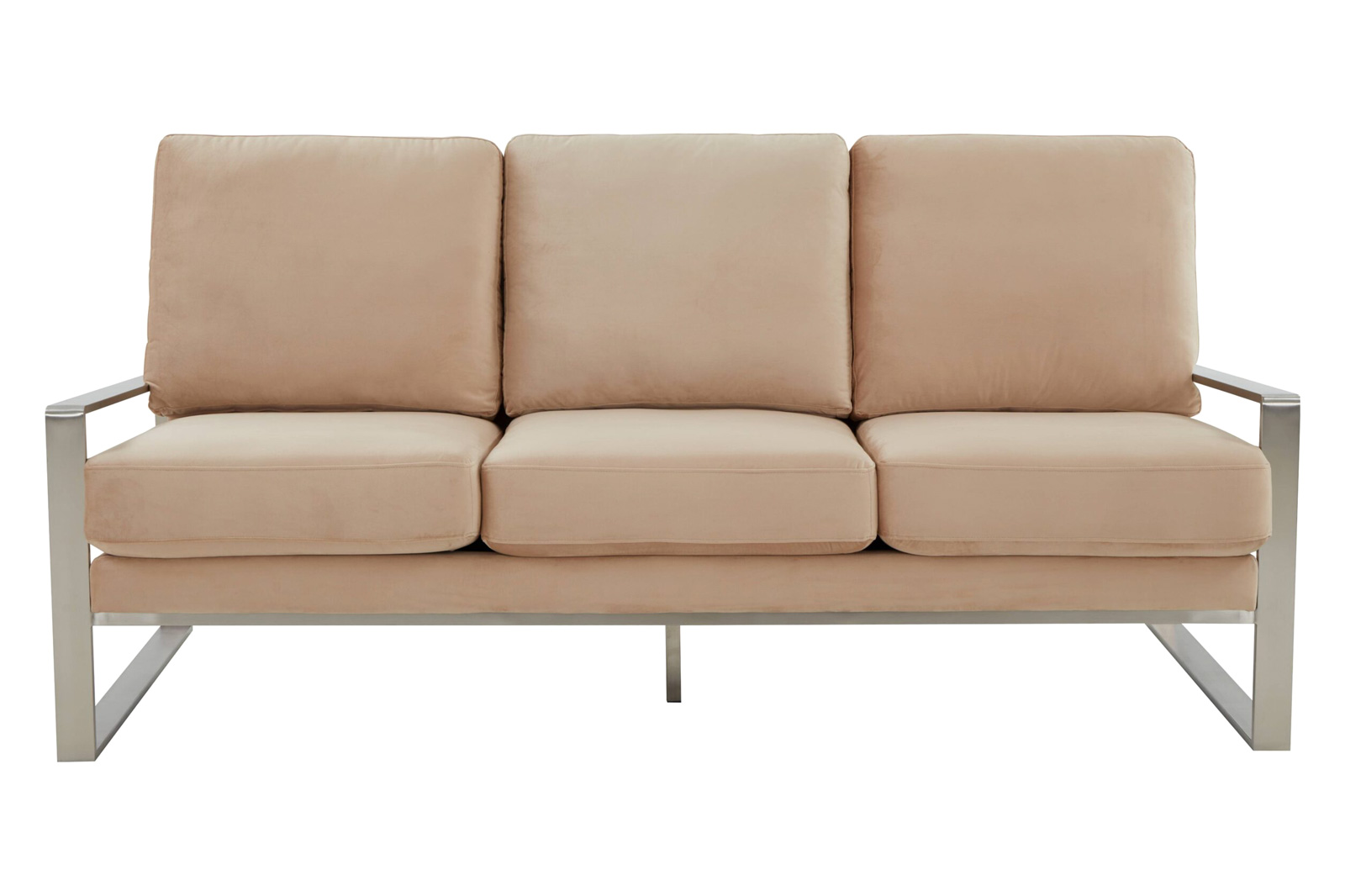 LeisureMod Jefferson Contemporary Modern Design Velvet Sofa With Silver Frame - Beige