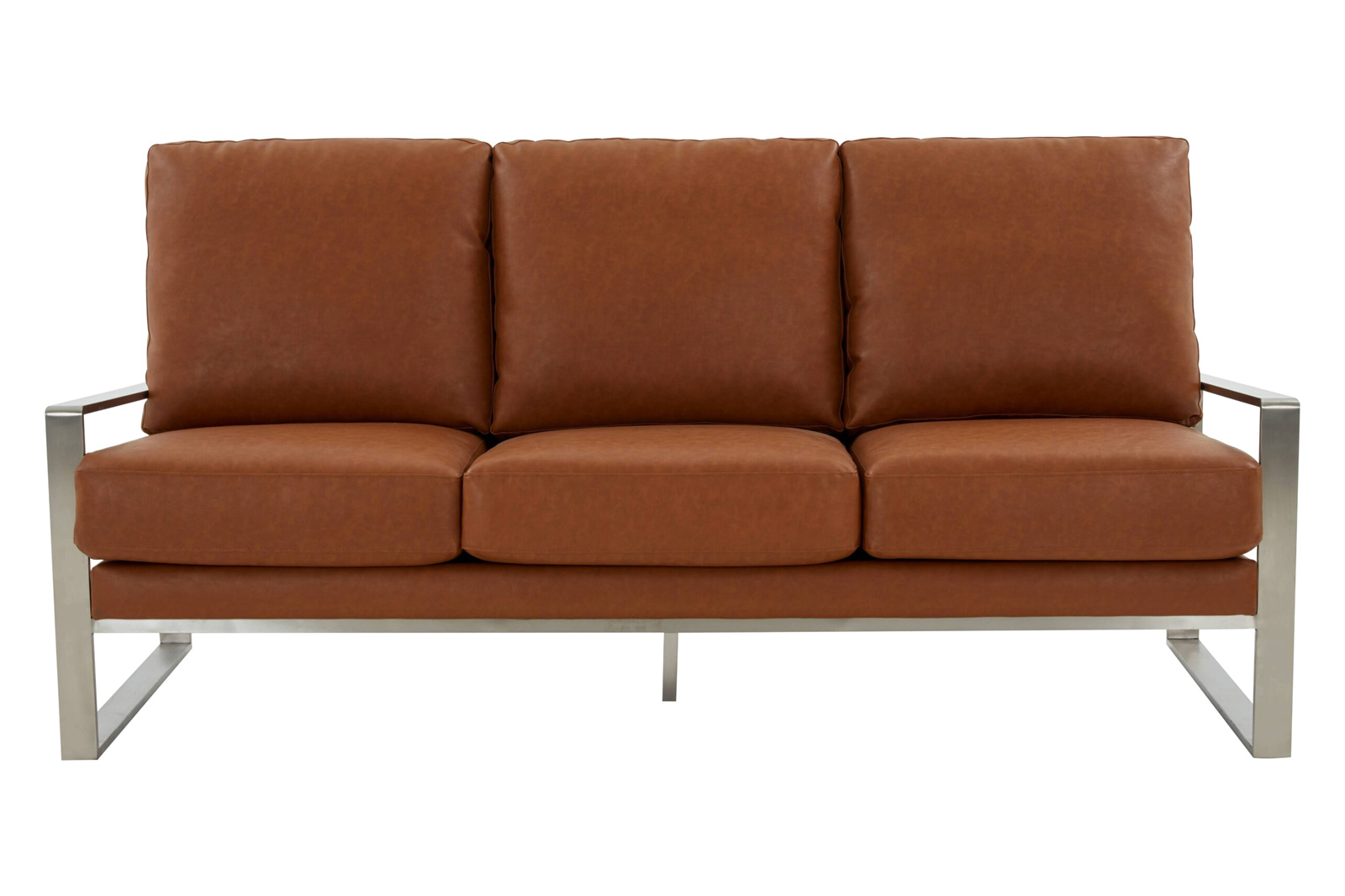 LeisureMod Jefferson Contemporary Modern Design Leather Sofa With Silver Frame - Cognac Tan