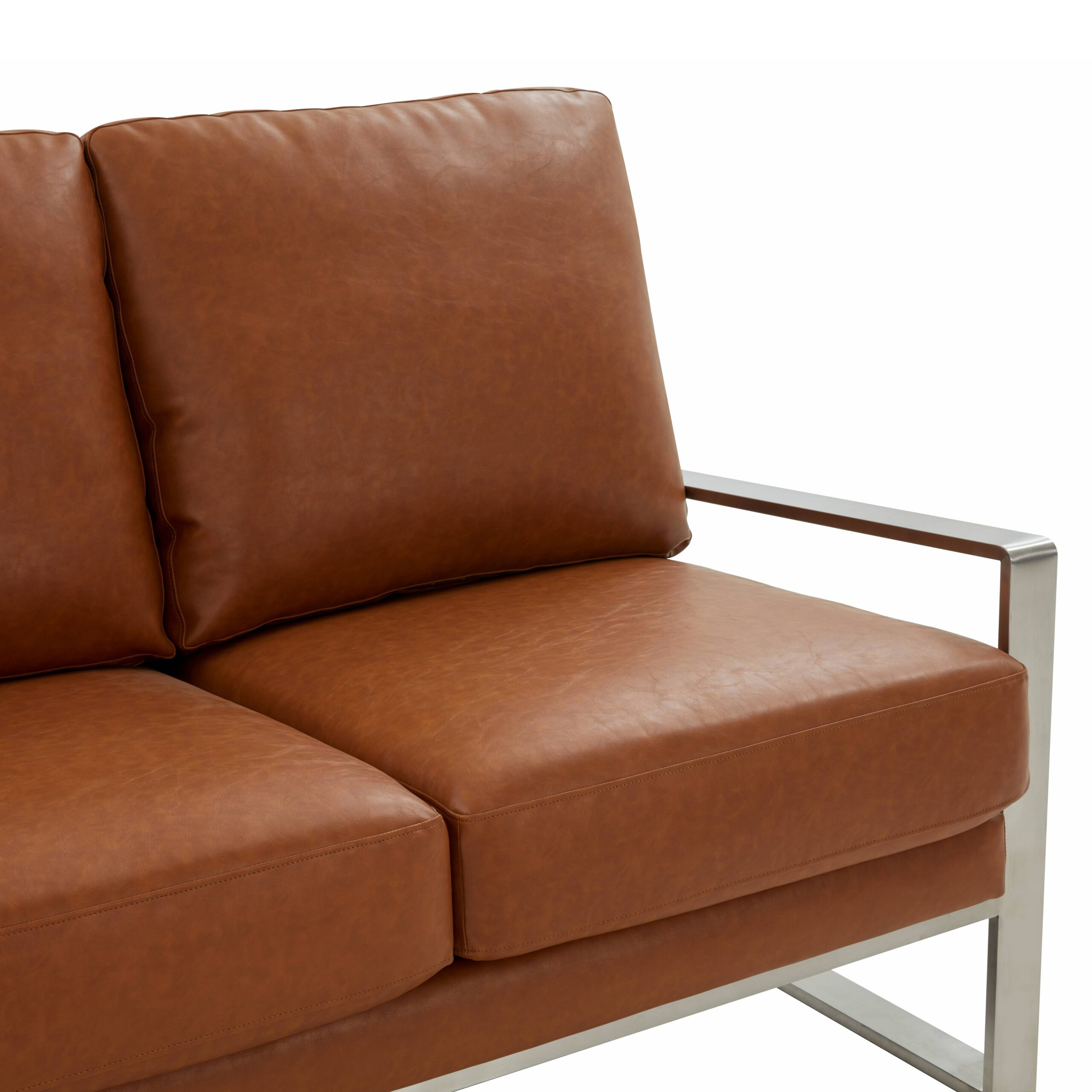 LeisureMod Jefferson Contemporary Modern Design Leather Sofa With Silver Frame - Cognac Tan